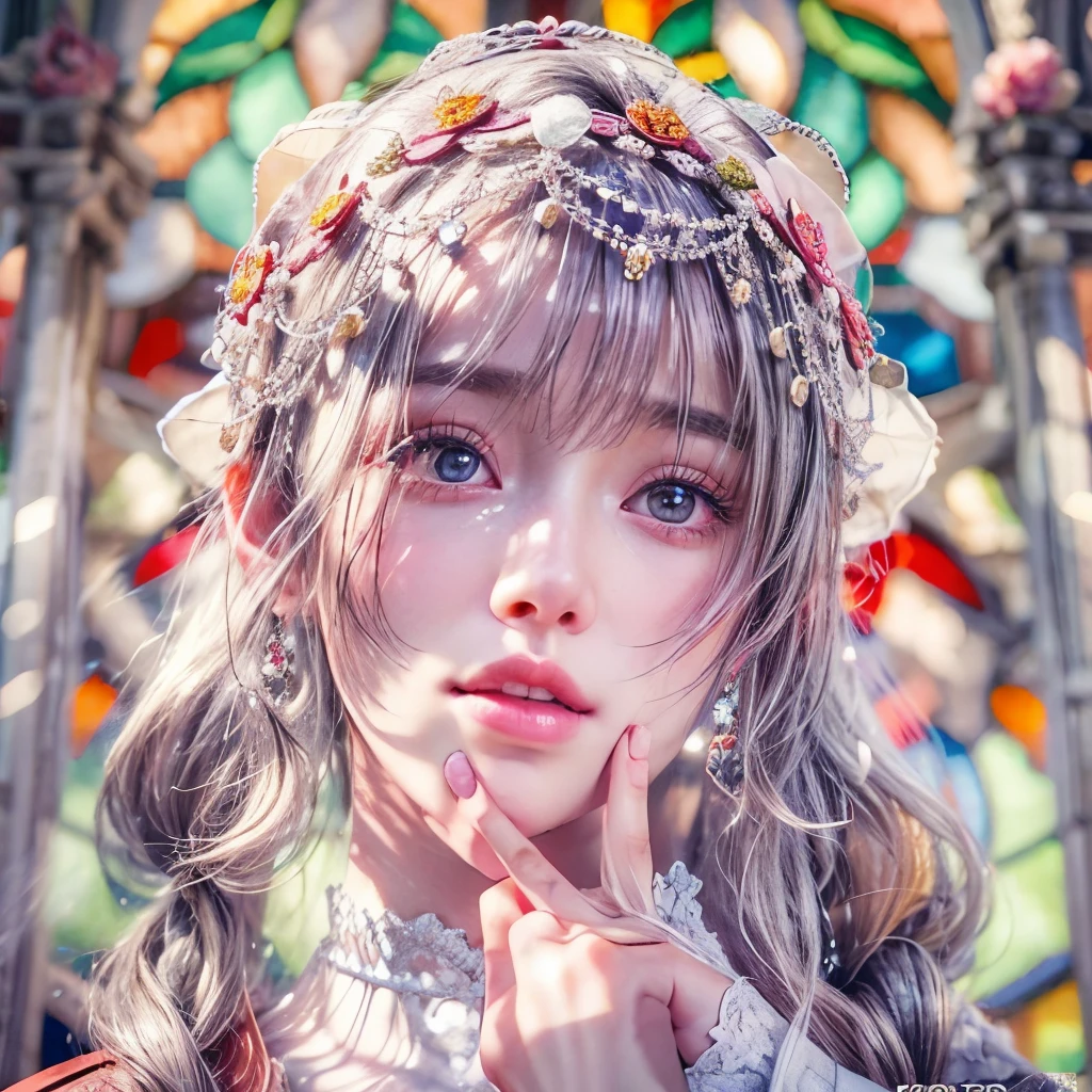 Sexy girl in WHITE and Delicate lace off shoulder clothes, Glossy RED lips and tongue, (Exposed:0.9), (nipple:-0.9), { very Cute tongue closeup | Dynamic-angle }, ((Dazzling stained glass Background)), (( colorful Light shines through stunning elaborate stained glass:1.2)), vivid Red colors . ((Acutance:0.8, physically-based rendering)), (masterpiece:1.2), (ultra-detailed:1.35), (realistic, photorealistic, ((photo-realistic:1.37))with touch of rawness) . ((Renbutsu Misako)), (Extremely detailed KAWAII face variations, with0 Dynamic expressions), detailed eyes with sparkling highlights, captivating gaze, long eyelashes, subtle blush on the face, rosy cheeks, impeccable skin texture . { full of flowers covering girl's body | Mystic sight | haze | Light Particle | Lens Particle | Lens Flare | Dazzling angle Halo } . (((large eyes:-0.9, not Detailed fingers:-0.9))) .
