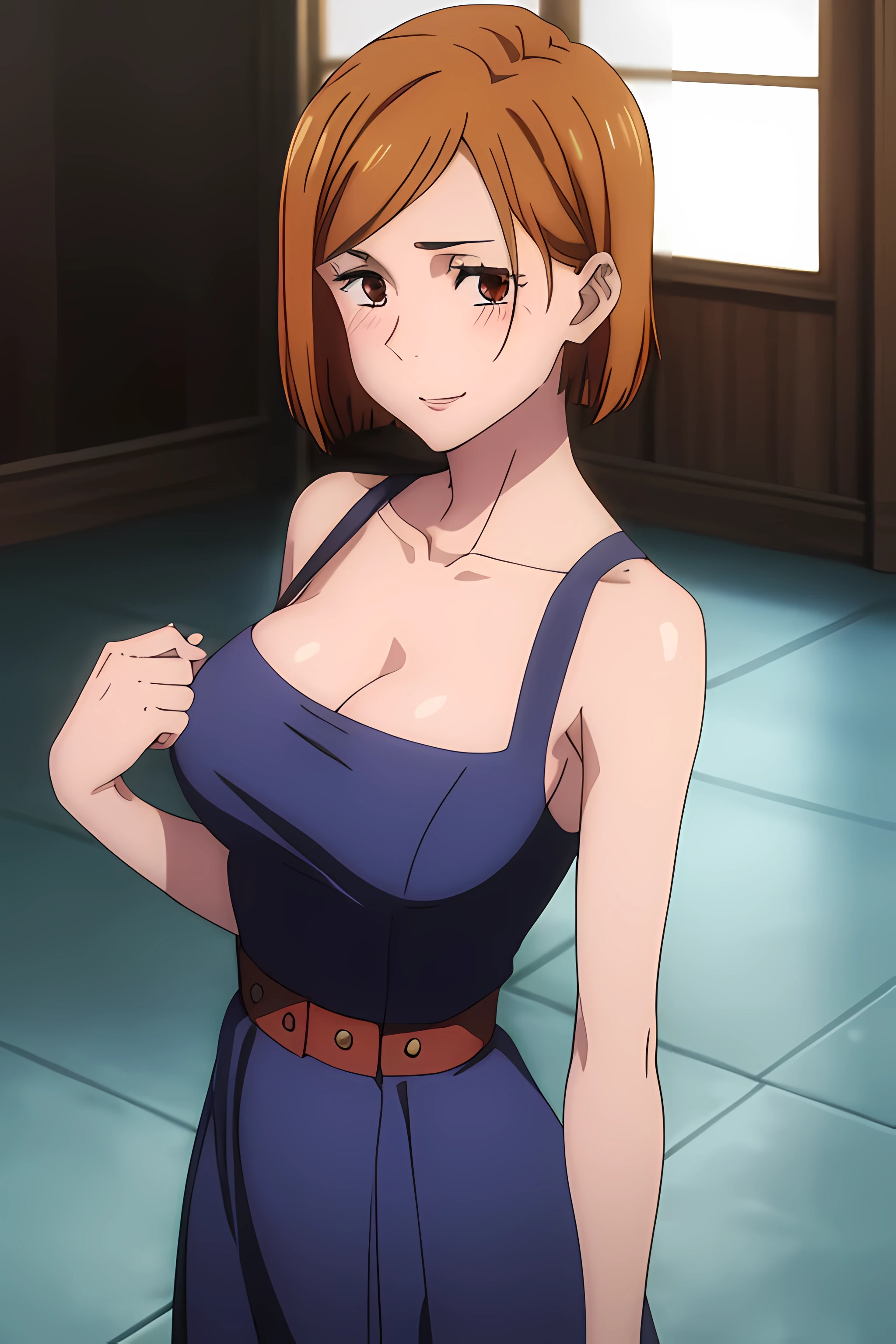 (masterpiece), (best quality), (ultra-detailed), (best illustration), (best shadow), (absurdres), nobarakugisakinova, short hair, orange hair, ((brown eyes)), kugisaki nobara, 1girl, solo, bangs, looking at viewer, upper body, ((blue dress)), cleavage, ballroom background, perfect body, ((perfect breasts)), Hourglass body, thin waist, very thin waist, large breasts, sexy, (skinny), ((blushing)), bare shoulders, bare collarbone, smile, bare neck