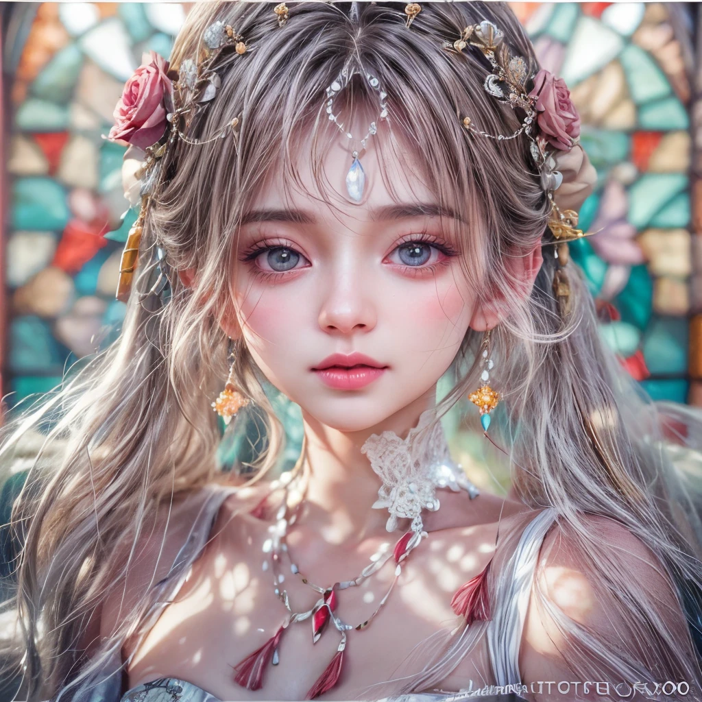 Tiny junior idol in Delicate lace knitted white clothes, Glossy Red lips and tongue, (Exposed:0.9), (nipple:-0.9), (Dynamic closeup, (Dazzling stained glass Background)), (((Renbutsu Misako), colorful Light shines through stunning elaborate stained glass:1.2)), vivid Red colors, lense Particle, lens flare, light Particle, Dazzling Halo. ((Acutance:0.8)), (masterpiece:1.2),(ultra-detailed:1.37),(realistic,photorealistic, ((photo-realistic:1.37))with touch of rawness). (Extremely detailed KAWAII face variations, expression variations), detailed eyes with sparkling highlights, captivating gaze, long eyelashes, subtle blush on the face, rosy cheeks, impeccable skin texture . { full of flowers covering girl's body | Mystic sight | haze }, ((Dynamic-angle, physically-based rendering)) . (((large eyes:-0.9, not Detailed fingers:-0.9))) .