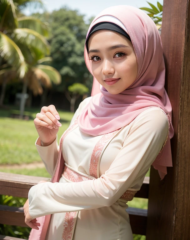 malay girl, best quality, soft light, (depth of field), ((wearing hijab)), ultra hi-res, ((wearing malay traditional dress)), solo, great smile, (brown eyes), detailed beautiful eyes, sexy lips, (long fluffy brown hair), slim body, 165cm height, medium brest, light pink dress, cover hair, scarf