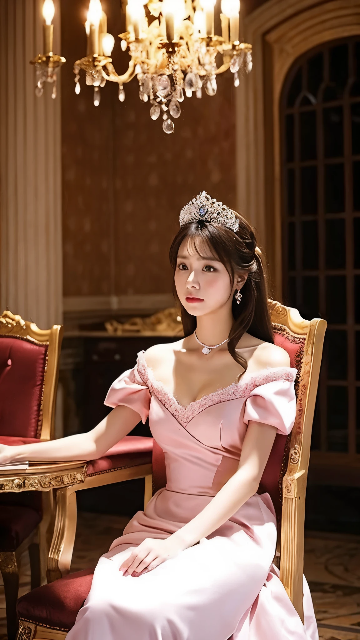 Princess、princess、Queen、beautiful、Gorgeous、luxury、Sitting on a chair、serious、Castle、sad