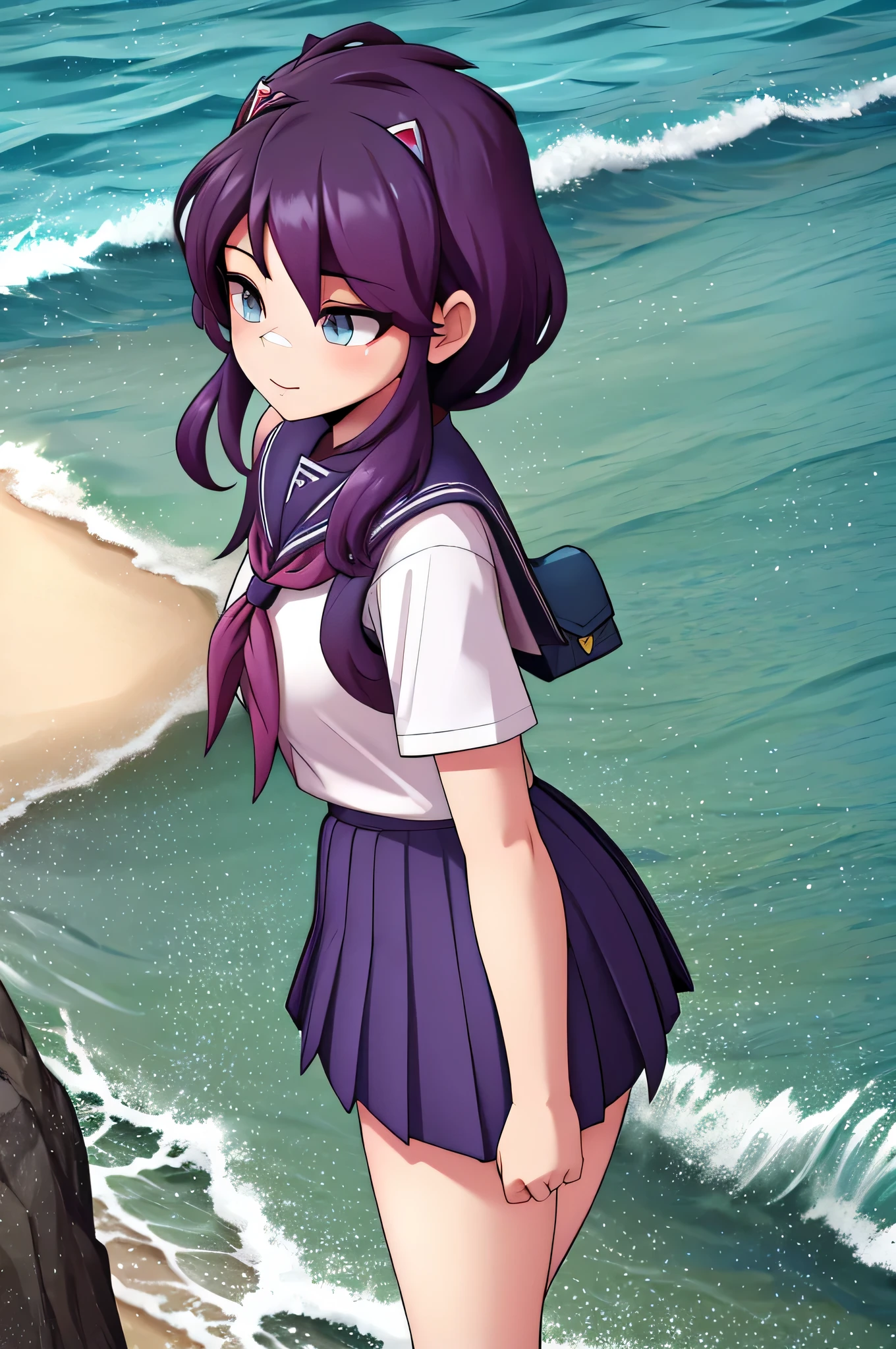 erisa, schoolgirl outfit, tight clothes, short skirt, realistic, ocean view