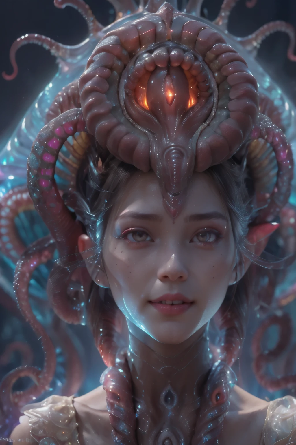 scary and sexy detailed art in color, Portrait, (beautiful and obscene female alien:1.4), (vulgarity1.5), (she has red eyes with no pupils:1.8), (Translucent skin:1.7), (There is a female genital-like organ in the middle of the forehead:1.9), (The most beautiful face in the history of the universe:1.2),an evil gaze that seduces, (large mouth:1.1), (sharp teeth like a vampire:1.2), Full body portrait, (bio luminescent:1.5), (Smile wickedly:1.3), (sexypose:1.5), alien, No humans, cells are fused, (Lots of translucent tentacles:1.3) extraterrestrial, cell, bio image, best quality, 8K,In 4K_quality, High freshness, Dramatic Lighting, masutepiece:1.5,cinematic quality, detail up, (exquisite details:1.2), high resolution, High freshness, drawing faithfully, (Thick eyebrows:1.2), Beautiful eyes with fine symmetry,(Highly detailed face and eyes:1.2), Intimate face, (Super detailed skin quality feeling:1.4), perfect anatomy, (Beautiful toned body:1.5), (Moist skin:1.2), not wearing makeup, (dark circles:1.1), long canines, cinematic drawing of characters, ultra high quality model, cinematic quality, detail up, (exquisite details:1.2), high resolution, High freshness, drawing faithfully, official art, Unity 8K Wall , 8K Portrait, best quality, Very high resolution, ultra detailed artistic photography, midnight aura, unreal engine 5, Ultra Sharp Focus, art by Amano Yoshitaka, ArtGerm, Roisch, intricate artwork, best quality, masterpiece, ultra high resolution, (photos realistic:1.4), ultra realistic realism, dream-like, nautilus, Creation of fantasy, Snail, Dream Snail, (biopunk nautilus:1.3),Thrilling color schemes, ultra realistic realism, seductively smiling, Blue tentacles,