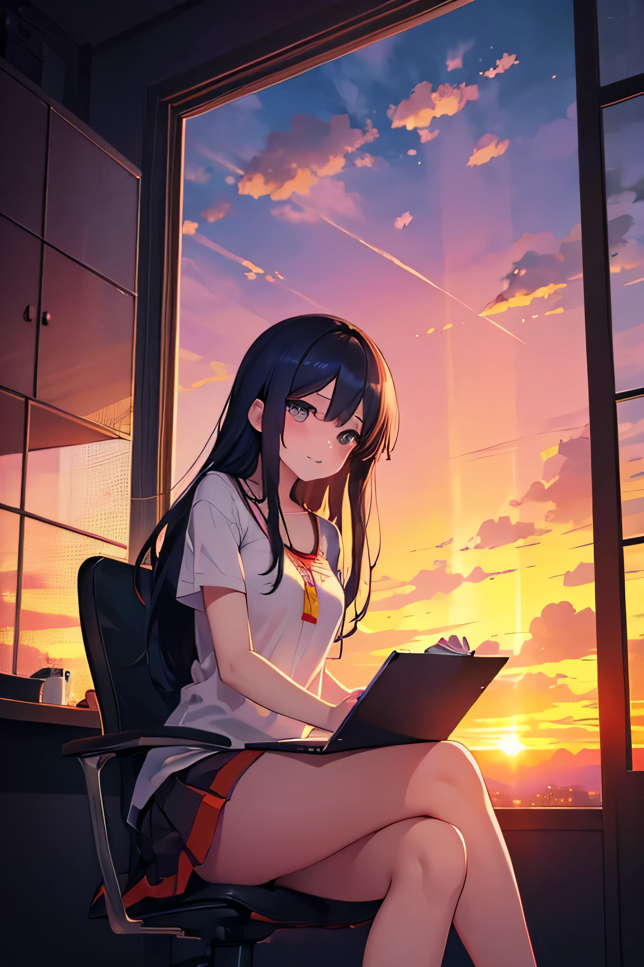 anime girl sitting on a chair in front of a window, concept art inspired by Liam Wong, trending on deviantart, conceptual art, watching the sun set. anime, keyframe illustration, background artwork, ((sunset)), watching the sunset, background art, keyframe, sunset!, brittney lee, loish art style, cyril rolando and goro fujita