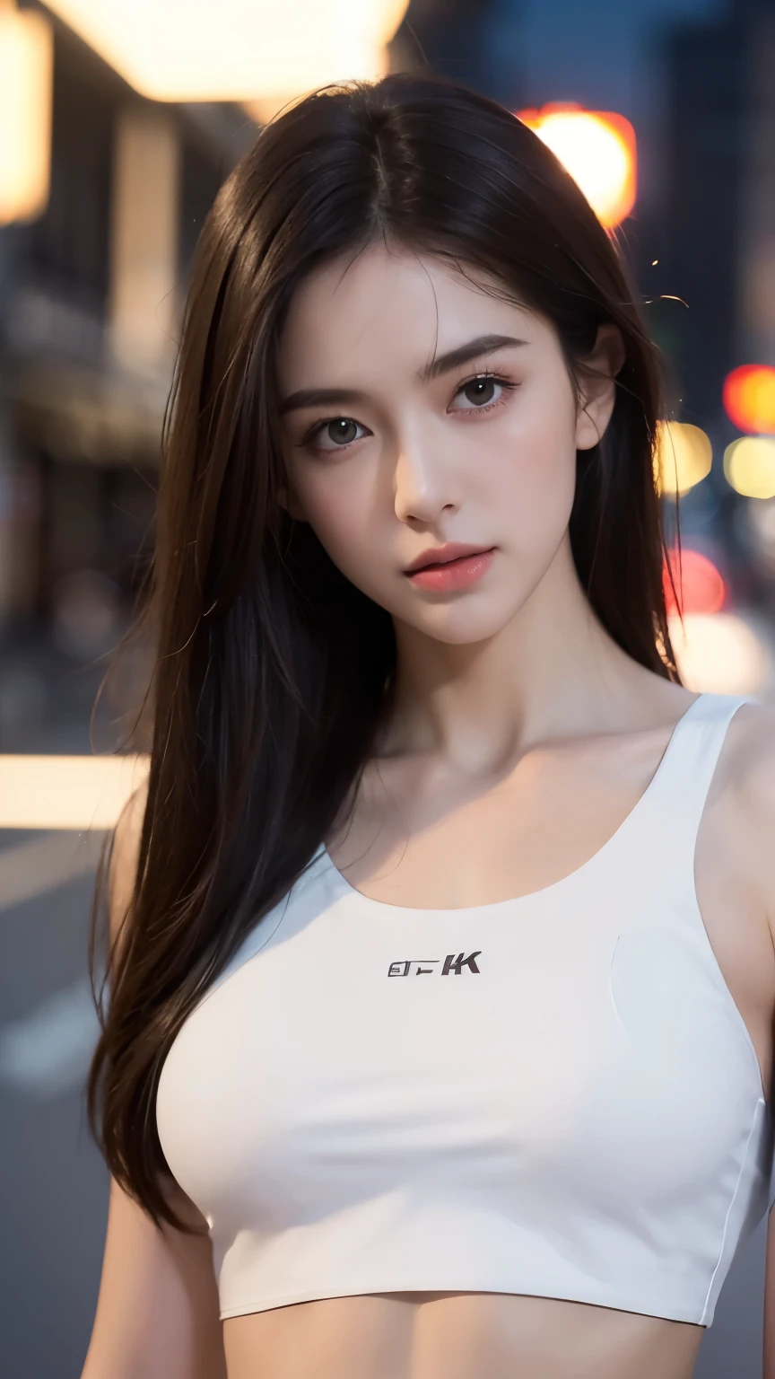 ((Realistic lighting, best quality, 8k, masterpiece: 1.3)), clear focus: 1.2, 1 girl, Perfect body: 1.4, slim abs: 1.1, ((dark brown hair)), (white crop top: 1.4), (outdoor, night: 1.1), city street, The face super delicate, Eyes are beautiful, double eyelids,
