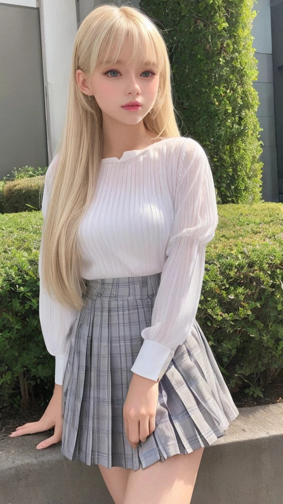 Portrait、uniform correct expression、blonde ponytail、Young, shiny, white, glossy skin、Best Looklonde Reflection Light、Platinum blonde hair with dazzling highlights、shiny bright hair,、super long silky straight hair、Shining beautiful bangs、Sparkling clear and charming big blue eyes、very beautiful lovely cute 18 year old girl、rich bust、beautiful white blouse、with slit、((I can see the whole body))、pretty face、Clothes look cramped in the chest、lob hair、loose perm、Sheer pleated skirt with lots of checked pleats、