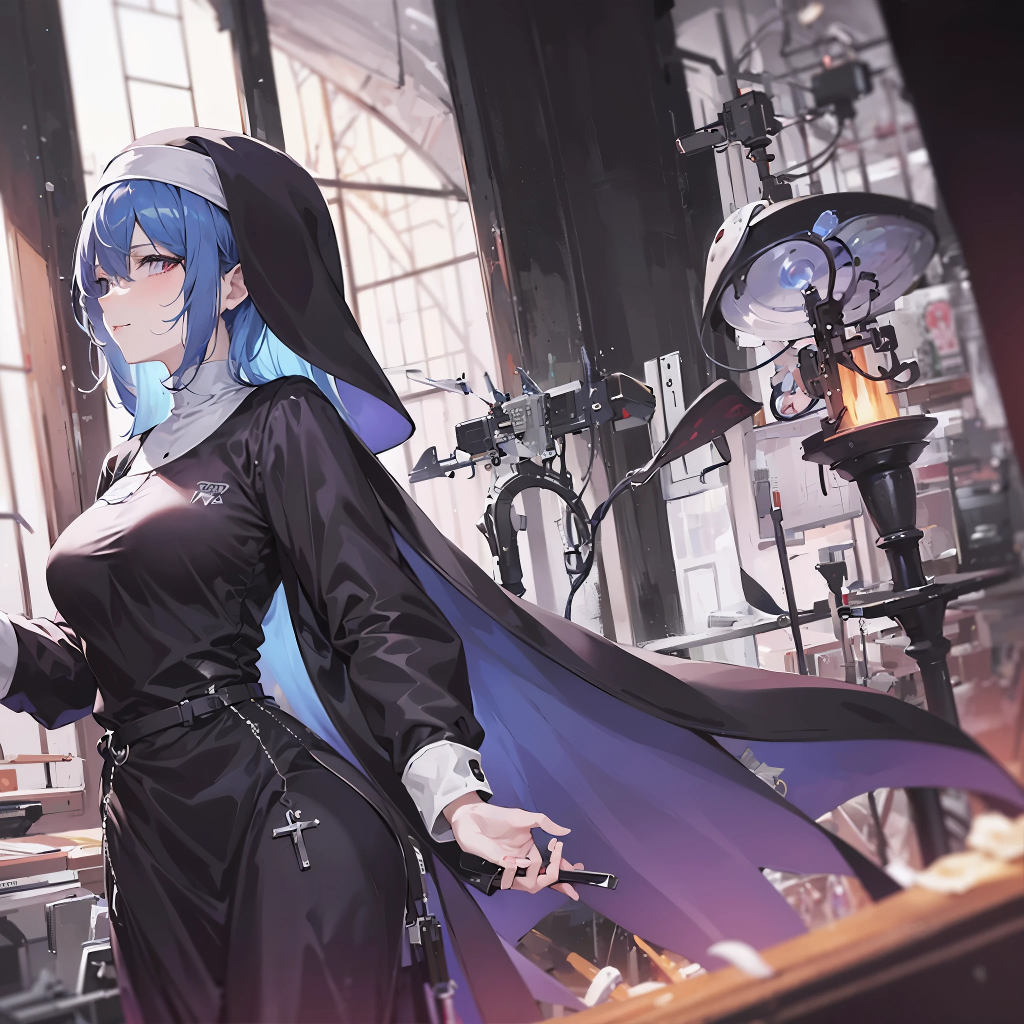 masterpiece, high definition, anime - style image of a blue haired woman in a black nun outfit, elegant nun girl, utopia, mature and lady, smug face, from girls frontline, artwork in the style of guweiz, , background art, lighting