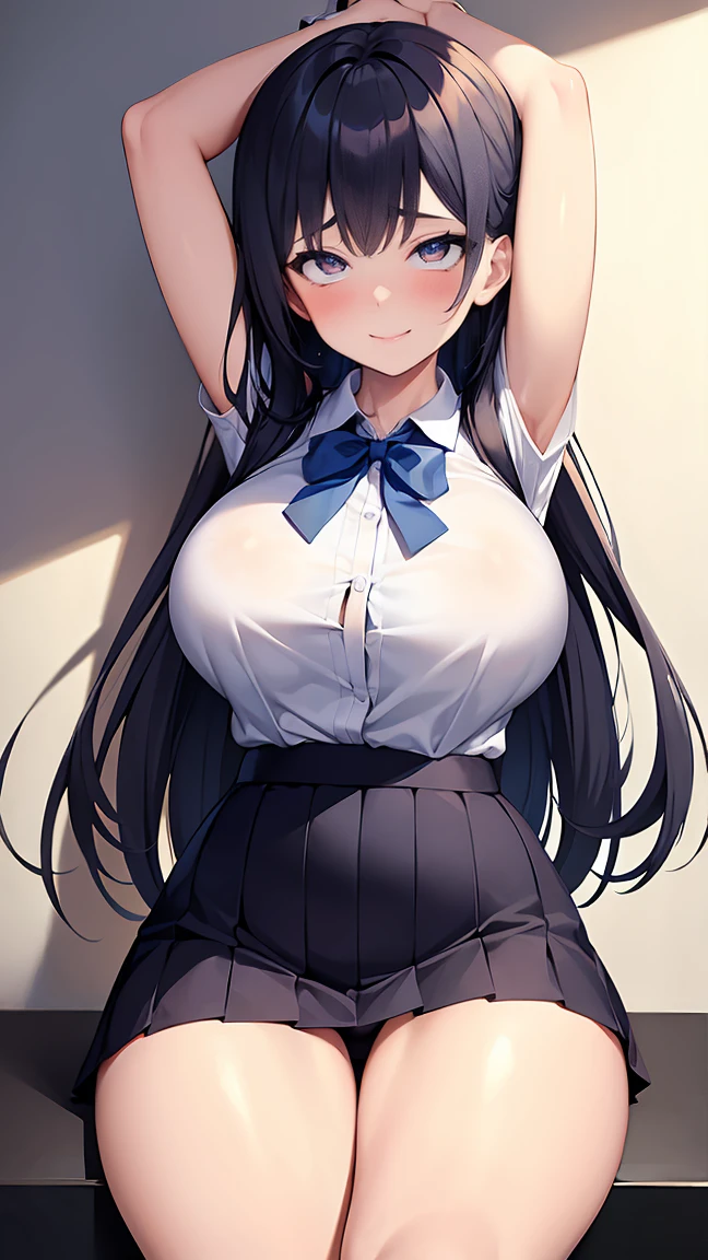  masterpiece, highest quality, perfect anatomy, (fine eyes), one high school girl, dark blue school uniform, huge breasts, Sweat,   pelvic curtain, (wide hips), shy smile, embarrassing, standing split, raise your legs,raise your legs,stand on one leg, short skirt, Black T-back, exposed panties