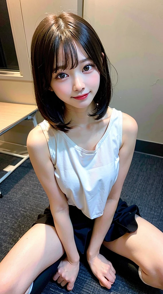 (8k, RAW photo:1.2),detailed face and eyes,最high quality, ultra high resolution, very detailed ,intricate details ,pieces fly ,pretty girl , Soft light like a movie, hyper detail,sharp focus, high quality,chest comes out,bob cut,black haired,NSFW, smile, zettai ryouiki, skirt, sit on a chair, spread your legs, show panties、student、panty shot