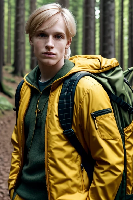 a young man, golden blonde hair, whole body, in castle, masterpiece, realistic, 4k, detailed, forest background, highly detailed face, f2.8,denoise, dof, yellow jacket, camping, backpack, blur background,