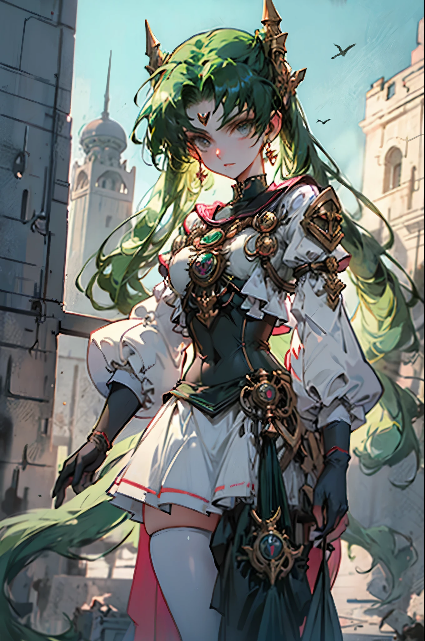 Black Kakalot Female, Green Hair, Look at Viewer, ancient tower, panty