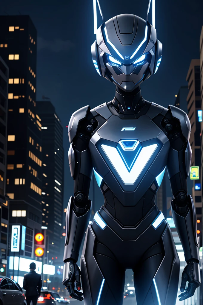 A robot with a silver exterior and blue highlights is standing in the center of a city street. The design of the robot appears advanced and humanoid, with a helmet that illuminates its eyes in blue, and hands that are detailed with five fingers. The urban backdrop features a mix of blue and purple neon lights, with two cars parked along the sides of the street. The setting gives off a futuristic and technological vibe, and there's evidence of it being later in the day, though the exact time is not confirmed. Buildings can be seen in the background, contributing to the urban context.