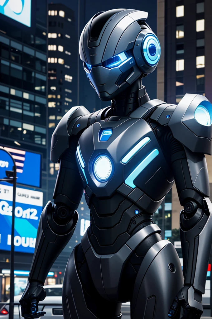 A robot with a silver exterior and blue highlights is standing in the center of a city street. The design of the robot appears advanced and humanoid, with a helmet that illuminates its eyes in blue, and hands that are detailed with five fingers. The urban backdrop features a mix of blue and purple neon lights, with two cars parked along the sides of the street. The setting gives off a futuristic and technological vibe, and there's evidence of it being later in the day, though the exact time is not confirmed. Buildings can be seen in the background, contributing to the urban context.