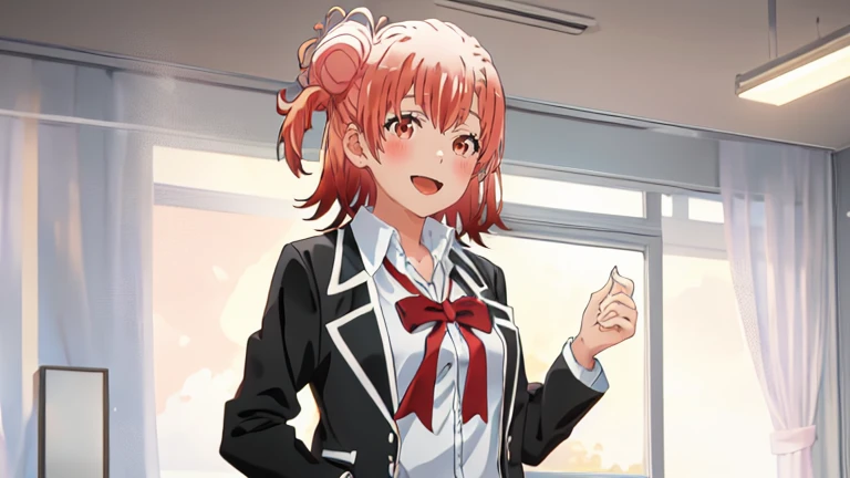 front、smile、highest quality, masterpiece, expensiveres, alone, {Yuigahama_Yui_Yahariore no shishun love kamwa machiga tail:1.15}, short_hair, pink_hair, hair_good, single_hair_good, blush, 1 girl, black_Jacket, blazer, Jacket, School_uniform, shirt, room_expensive_School_uniform, white_shirt, with collar_shirt, ribbon, upper_body, Open_mouth、pick up stars