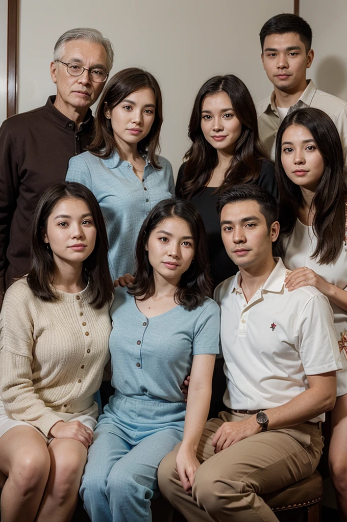 Family photo, grandma ,grandpa, father , mother, 24 years old daughter, 20 years old son, chinese race,6 person in photo, photorealistic