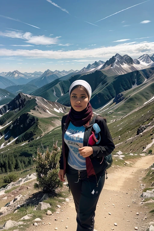 (masterpiece, top quality, 8K wallpaper, high resolution, ultra-realistic), 1 Malay girl, solo, full body, slim-thick figure: 1.1, beauty, beautiful face, beautiful eyes, detailed face, detailed eyes, detailed nose, detailed mouth, black eyes, looking at viewer, carrying a big backpack, mountain girl style, backpacker, mountaineer, mountain view from the top of the mountain, walking on the mountain trail, wearing modern hijab, wearing jacket over jacket, t-shirt, loose long pants, climbing, trekking boots, natural landscape photo; mountain climbing; spectacular summer mountain scenery with rugged mountain range in the distance, wonderful contrast of blue sky and white clouds.