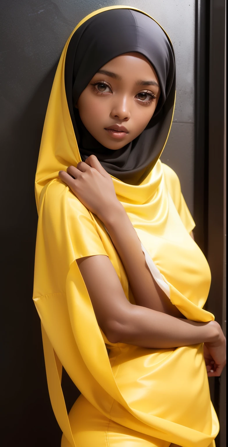 (HIJAB), Skinny yellow satin hijab girl naked (DARK SHINY SKIN), 