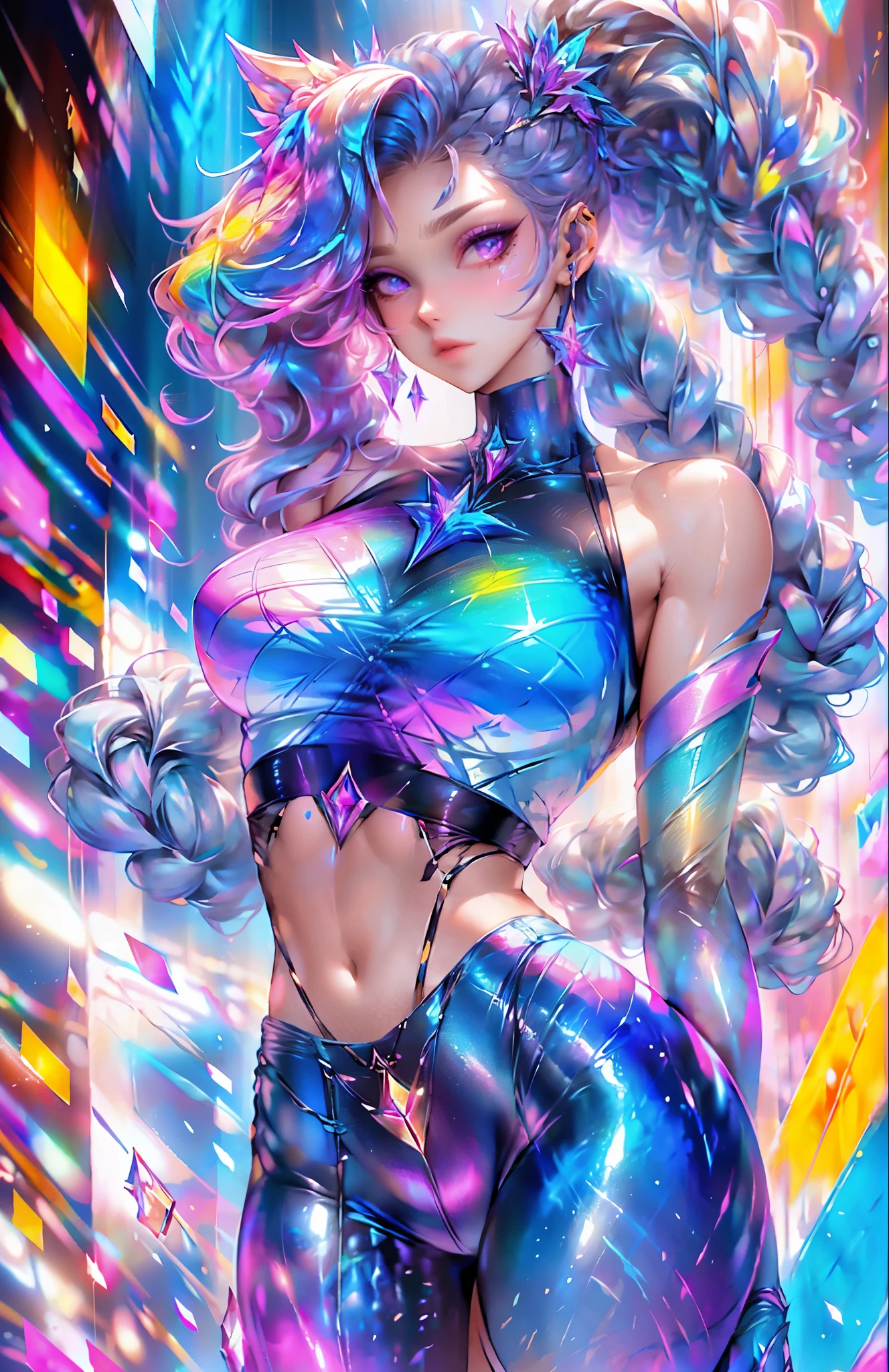 (1girl:1.3, cute, white printed latex tight leggings, cleavage, white printed croptop, white long hair, outdoors, HD hair, anime style, a manga drawing, (pastel colors:1.2), aestheticism), fluid, by Jackson Pollock, detailed skin texture, folhas caindo, nuvens,dia, noite, olhos grandes. sorriso sedutor, (goosebumps:0.5, blush:0.5), subsurface scattering, (masterpiece, top quality, best quality, official art, beautiful and aesthetic:1.2), extreme detailed, colorful, highest detailed, cameltoe:1.4