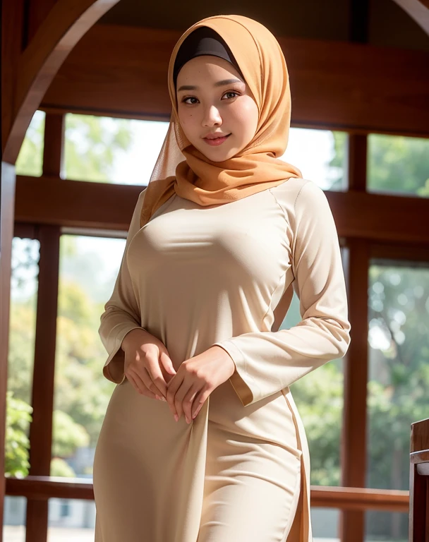 malay girl, best quality, soft light, (depth of field), ultra hi-res, ((wearing hijab)), ((wearing malay traditional dress)), solo, great smile, (brown eyes), detailed beautiful eyes, sexy lips, (long fluffy brown hair), slim body, 165cm height, medium brest, ((muslimah dress)), wear light color dress, thin cloth material, show boobs