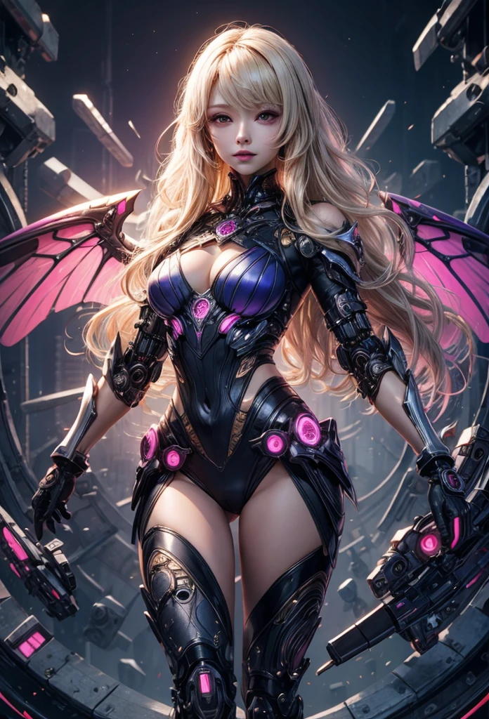 (detailed illustrations,Very detailed and precise drawing,Delicate drawn lines with tempo,Realistic texture expression),[color traced main line],[labo],[[HENTAI]] ANIME (CYBERGirl anime Beauty  Cyborg[wavy hair (platinum blonde)]),([Butterfly wings] Magenta-pink Papillon cybernean armor [Aurora Armor] Fuselage only transparent material) Cyber Headset,(cybernetic [lenticular iris]),(intricate and beautiful decoration [Dense detail]),(Fine and beautiful skin expression [transparency]),[完璧な目のdetailed (Beautifully detailed iris)[eyes like jewels]],[long and beautiful eyelashes],[precisely drawn hair [美しく艷やかな髪のdetailed]],(完璧な手のdetailed [Beautiful fingers with no damage [beautiful nails]]),(perfect anatomy(perfectly balanced proportions))[[full body portrait]],[[Design built to the highest level]][ideal color coordination(Accurate simulation of light and material interactions)],([Precision Detail](detailed,High definition)),[Visual art that tells a story].