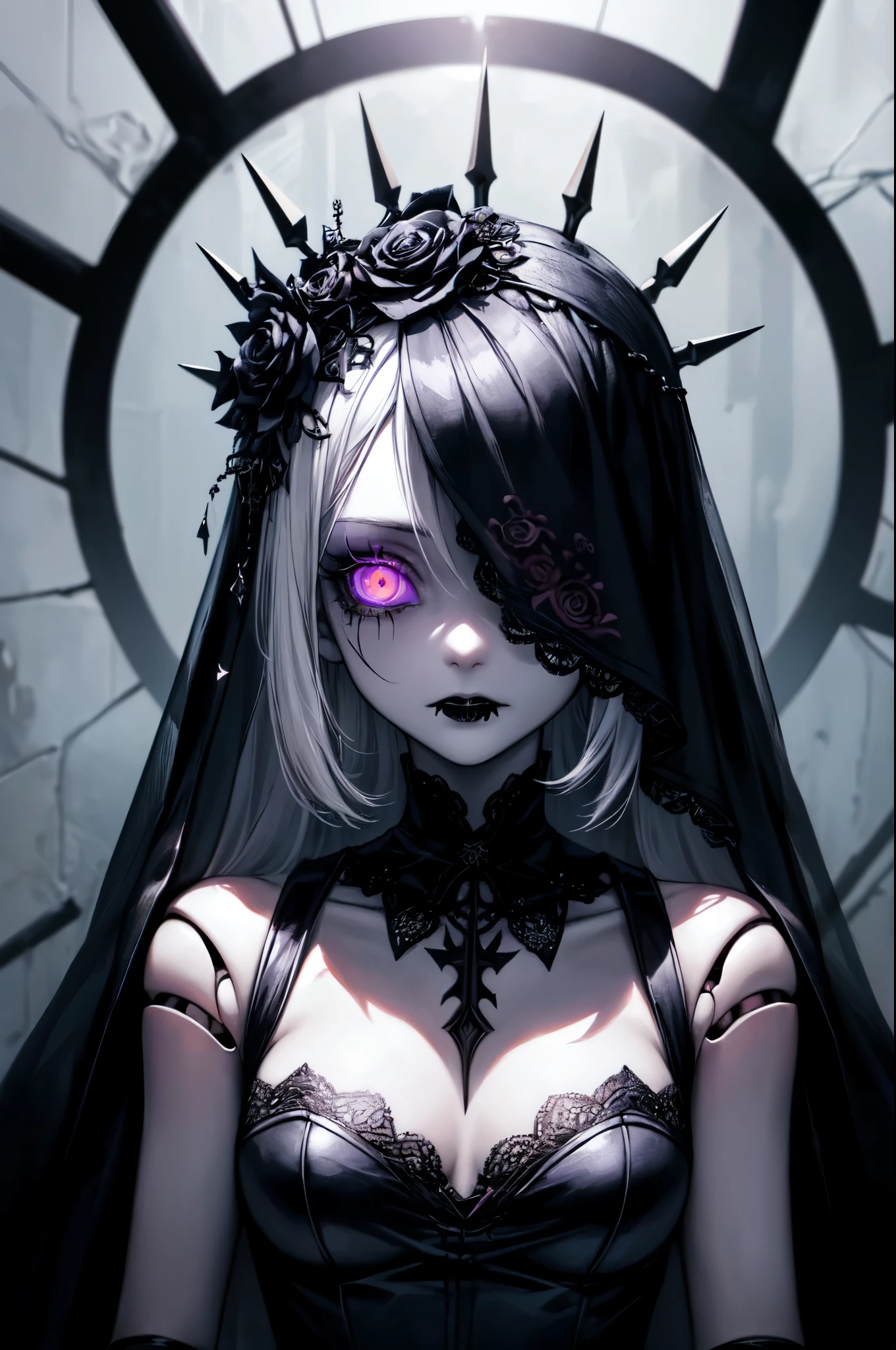 ((ultra-detailed)), ((illustration)), (beautiful detailed eyes), beautiful, amazing, detailed eyes, (((masterpiece))), (realistic:0.5), best quality, female, solo_focus, ,insanevoid, glowing eyes, extra eyes, horror \(theme\),doll joints, ((lifeless eyes)), ((goth nun)), ((gothic, emo)), ((crazy eyes)), (insane:1.3), ((jointed doll)), ((pale white skin)), ((goth makeup)), ((straight posture)), ((goth flower crown)), (spikes), (rosaria from genshin impact), ((straight black hair)), ((black veil)), ((doll eyes)), (close up)