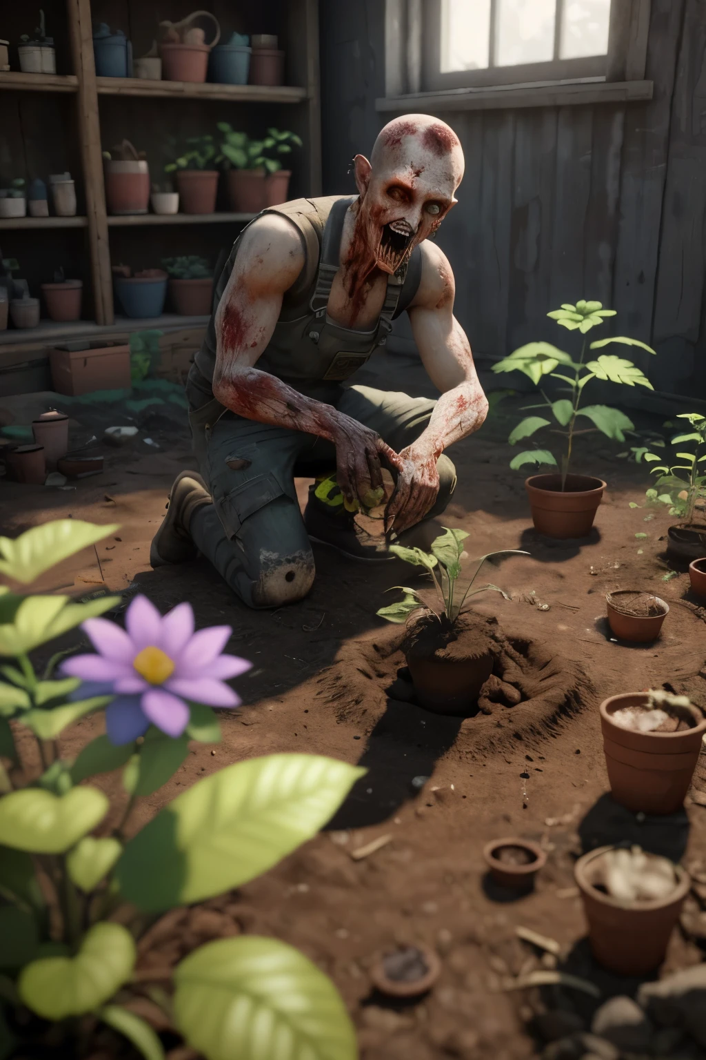 A zombie gardener nurtures a patch of vibrant wildflowers amidst a crumbling city, their touch causing dead vines to sprout and bloom. Hope peeks through the cracks of decay.