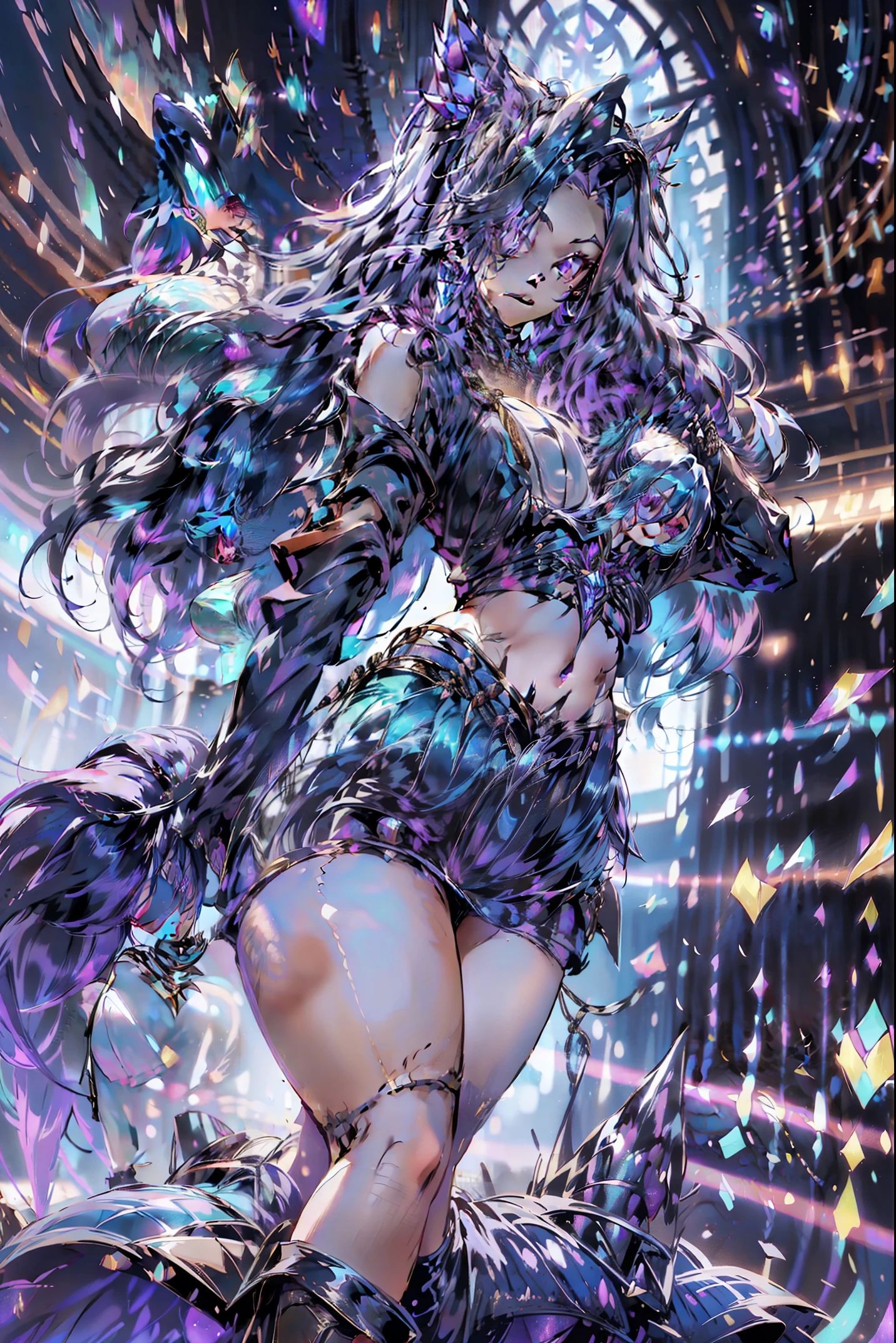 1girl, animal ears, artoria pendragon \(swimsuit ruler\) \(fate\), ass visible through thighs, bangs, bare shoulders, blue leotard, blush, card, cleavage, clothing cutout, cosplay, detached sleeves, fake animal ears, feather boa, fishnet pantyhose, fishnets, hair between eyes, highleg, highleg leotard, large breasts, leotard, long hair, looking at viewer, lying, navel, necktie, on back, pantyhose, parted lips, playboy bunny, playing card, rabbit ears, sidelocks, solo, sweat, thighs, sadakage, underboob, white hair, wrist cuffs, yellow eyes