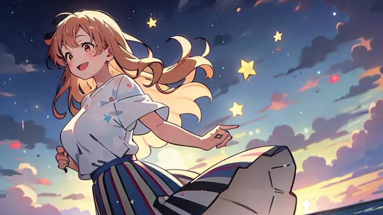front、highest quality, masterpiece, High resolution, 1 girl, Yuigahama Yui, pleated skirt, long hair, The wind is blowing、big boobs, Are standing, smile、pick up stars
