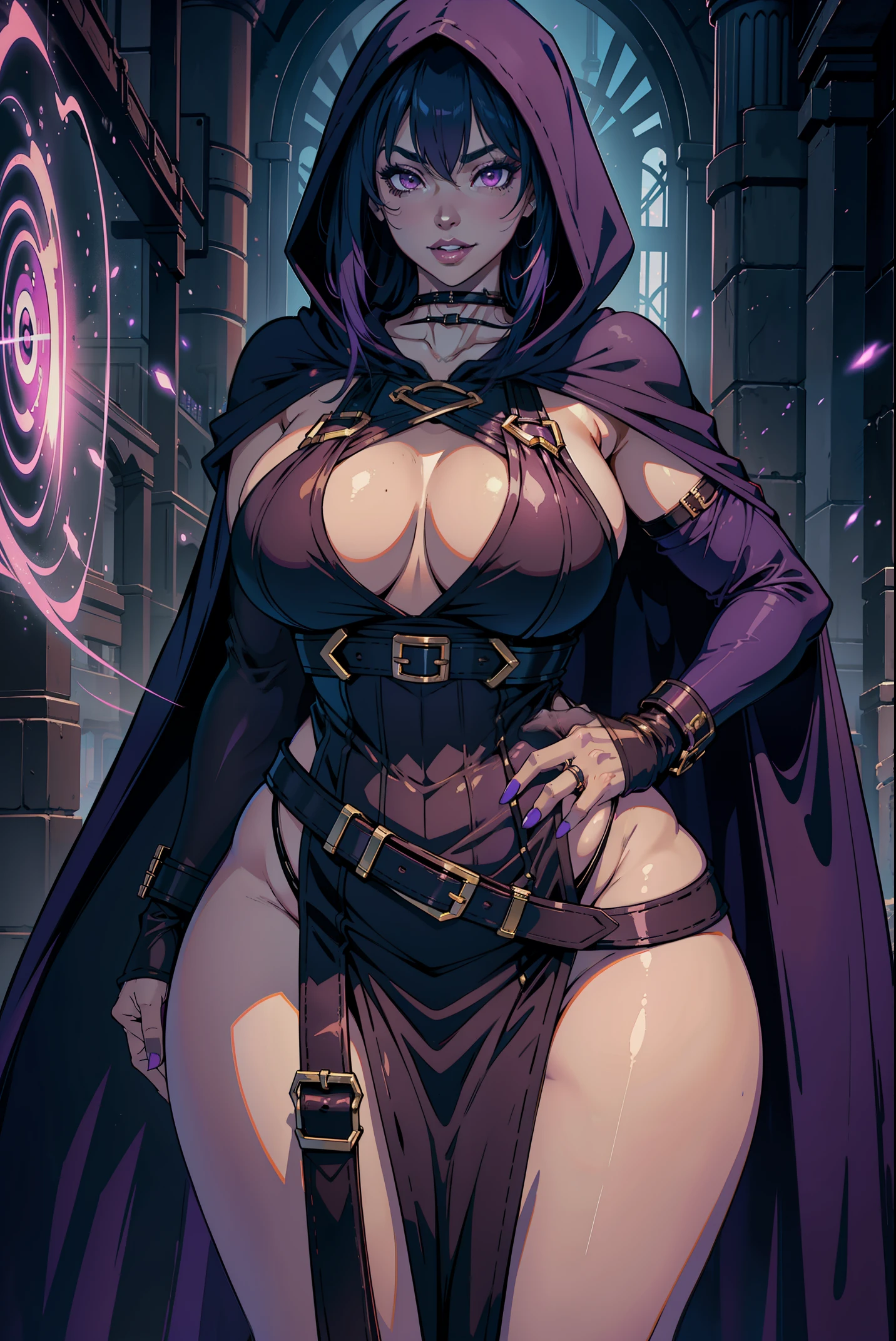 Best quality, solo mature woman, giant breasts, giant ass, very curvy, dark skin, mid length hair with whispy bangs, seance purple eyes, full lips, seductive, smile, cloak with hood, tight long dress, choker, corset, rings, thick thighs, curvy physique