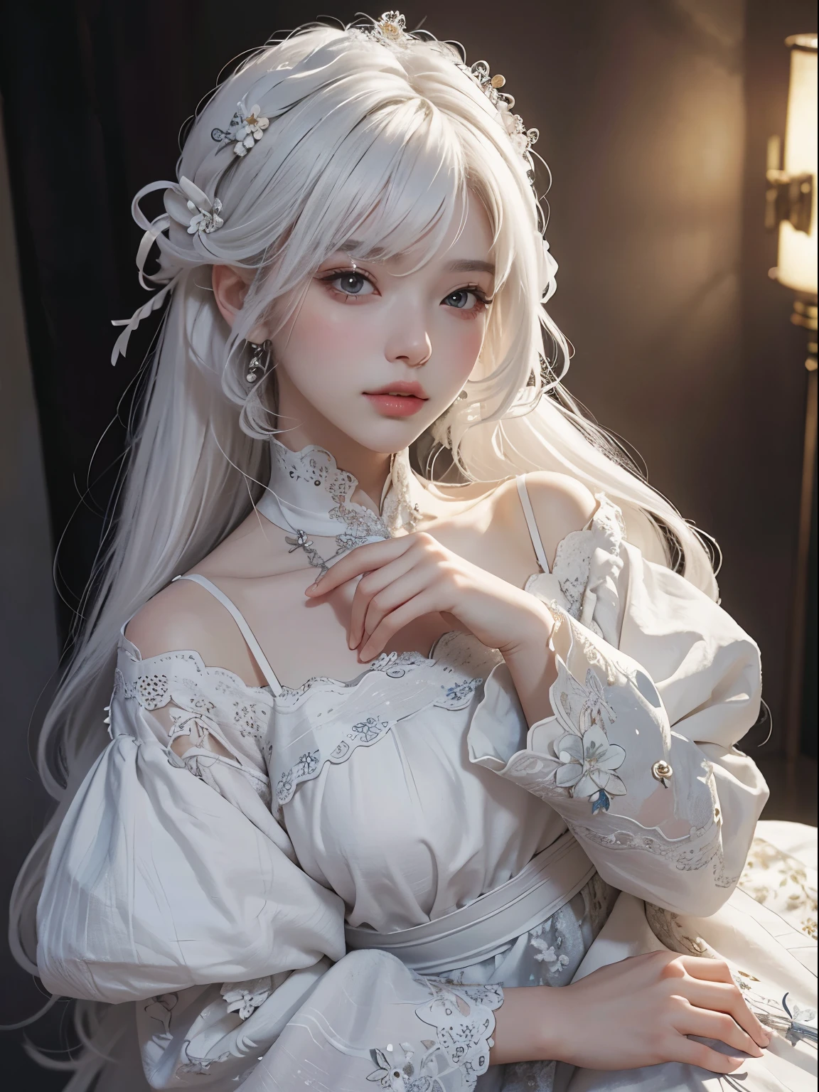 (masterpiece:1.4, best quality, 8k, dutch angle,Realistic、Photorealistic illustrations, Every detail、Intricate details)(1girl, solo)(cute girl, Detailed faces down to the smallest detail、 huge beautiful breasts, beauty white hair:1.5, Cute Asian Girl、Beautiful cleavage)(Gothic、Lolita Costume、black gothic dress、Monotone dress)(arms behind body. floating hair)(Night view、Britain in the late 20th century、A row of stone houses、out door、moon、Soft Light、Fantastic lights、Beautiful hair that shines through the light)