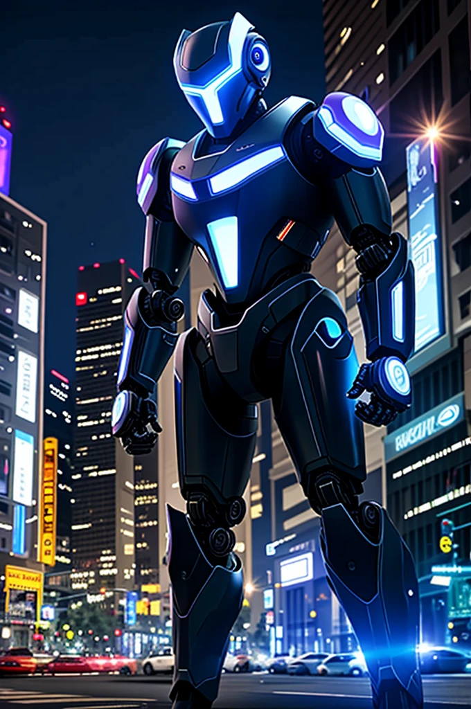 A robot with a silver exterior and blue highlights is standing in the center of a city street. The design of the robot appears advanced and humanoid, with a helmet that illuminates its eyes in blue, and hands that are detailed with five fingers. The urban backdrop features a mix of blue and purple neon lights, with two cars parked along the sides of the street. The setting gives off a futuristic and technological vibe, and there's evidence of it being later in the day, though the exact time is not confirmed. Buildings can be seen in the background, contributing to the urban context.