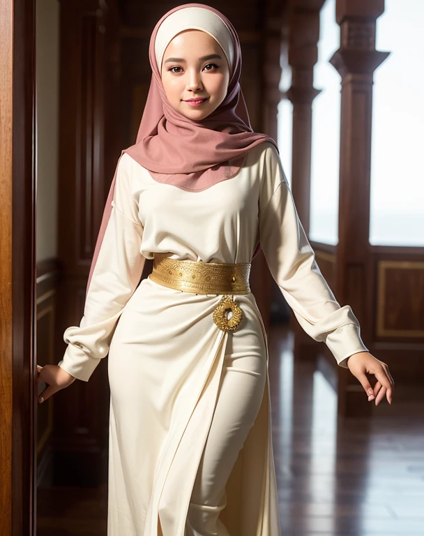 malay girl, best quality, soft light, (depth of field), ultra hi-res, ((wearing hijab)), ((wearing malay traditional dress)), solo, great smile, (brown eyes), detailed beautiful eyes, sexy lips, (long fluffy brown hair), slim body, 165cm height, medium brest, ((muslimah dress)), wear light color dress, thin cloth material, from below, 