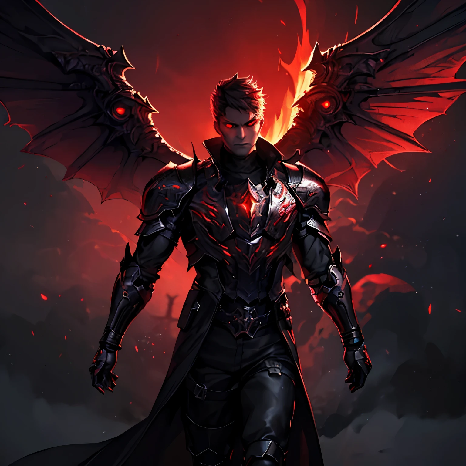 (a messenger of a fallen angel,dark armor,ruby engravings),(best quality,ultra-detailed,realistic),(illustration),(detailed wings,ominous atmosphere,glowing red eyes),(medieval fantasy),(vivid colors,high contrast),(soft ethereal lighting) un hombre