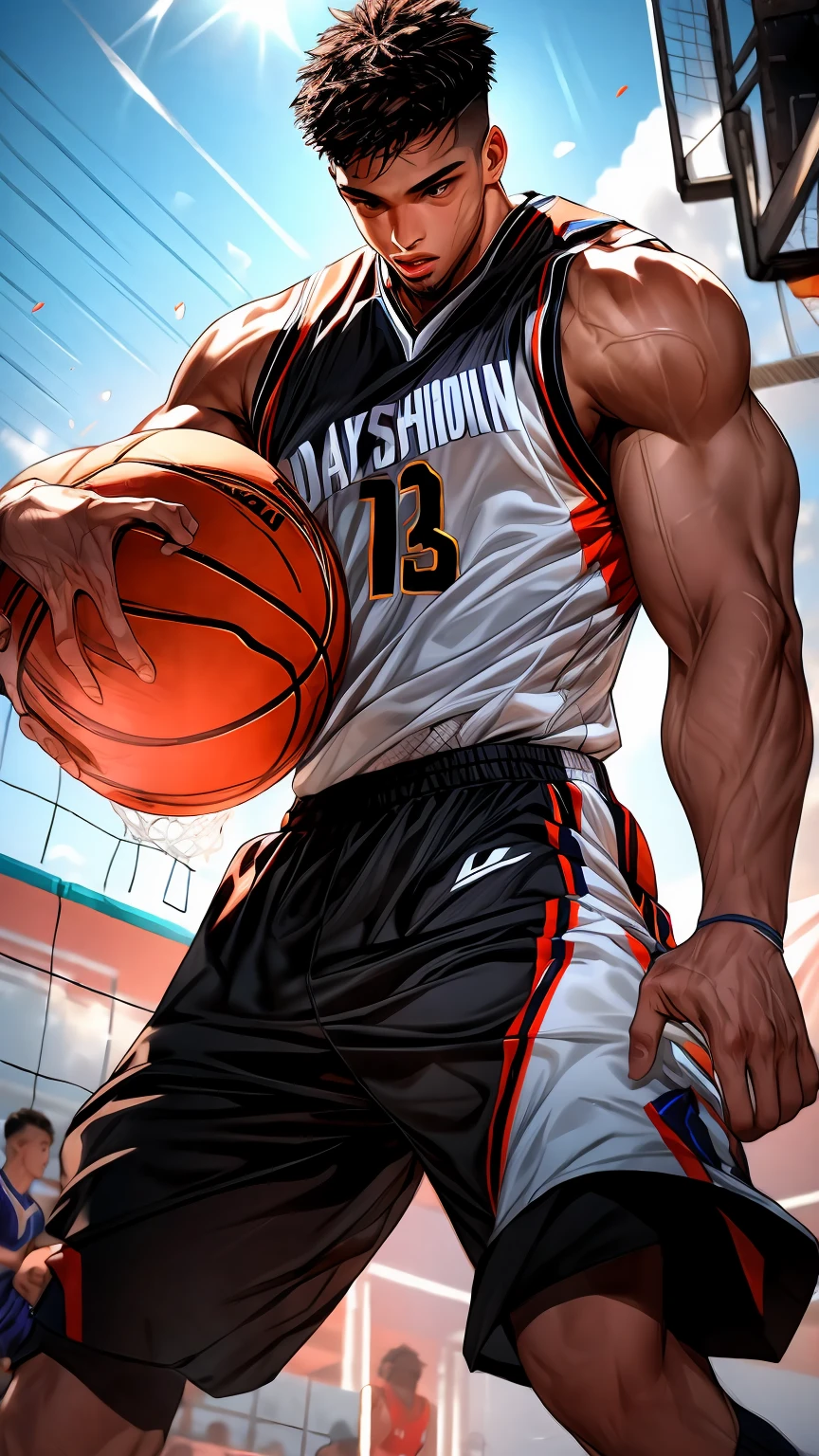 (dark hair, brown eyes),basketball player, muscular body, intense gaze, confident posture, outdoor court,powerful slam dunk, motion blur, vibrant colors, sweat dripping,shadows and highlights, high energy, energetic movement, athletic build, competitive spirit, sportsmanship.
