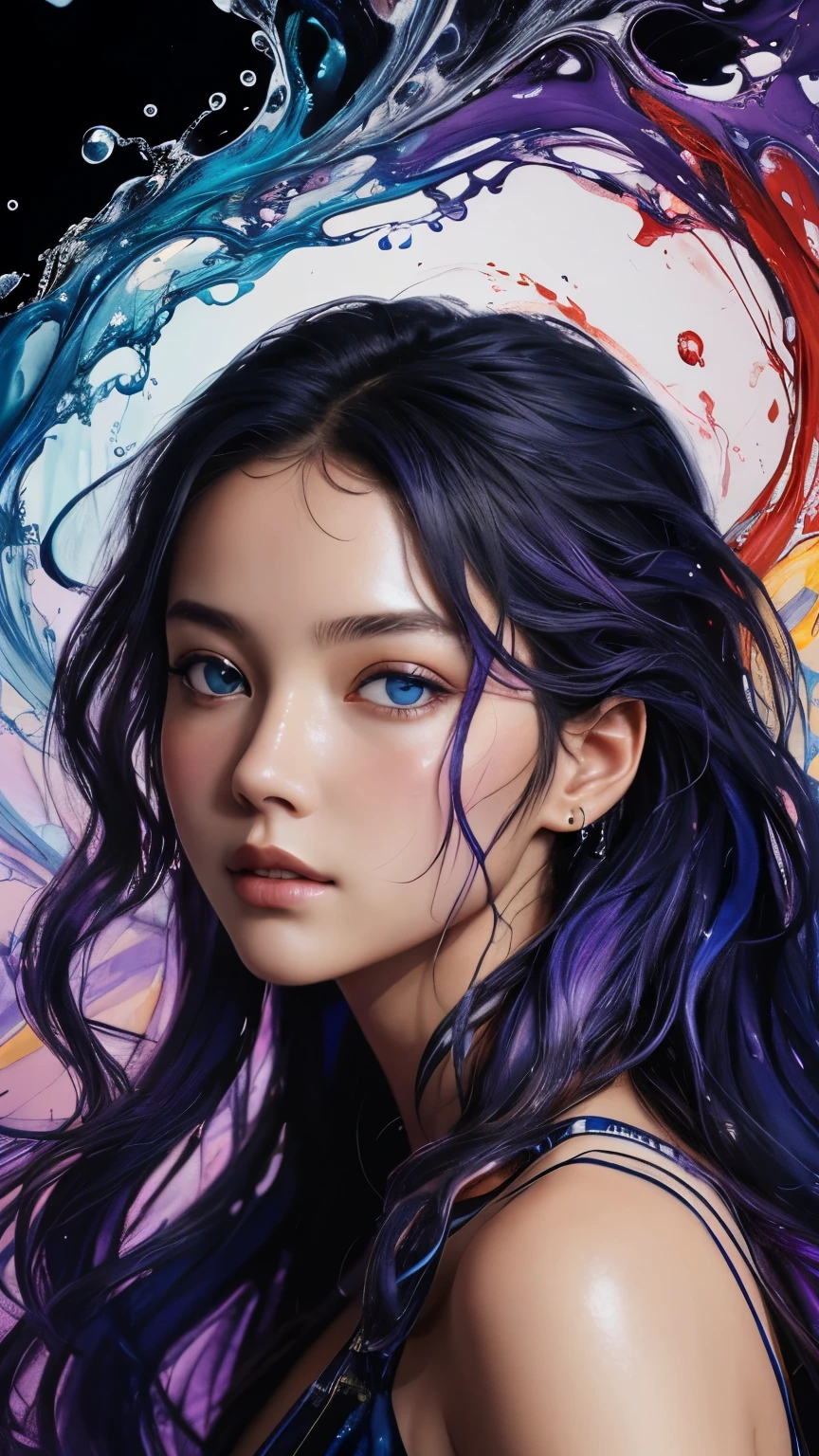 Colorful beautiful girl: a giru 8-, messy hair, oil painting, nice perfect face with soft skinice perfect face, blue yellow colors, light purple and violet additions, light red additions, intricate detail, splash screen, 8k resolution, masterpiece, cute face,artstation digital painting smooth veryBlack ink flow: 8k resolution photorealistic masterpiece: intricately detailed fluid gouache painting: by Jean Baptiste Mongue: calligraphy: acrylic: watercolor art, professional photography, natural lighting, volumetric lighting maximalist photoillustration: by marton bobzert:, complex, elegant, expansive, fantastical,  wavy hair, vibrant