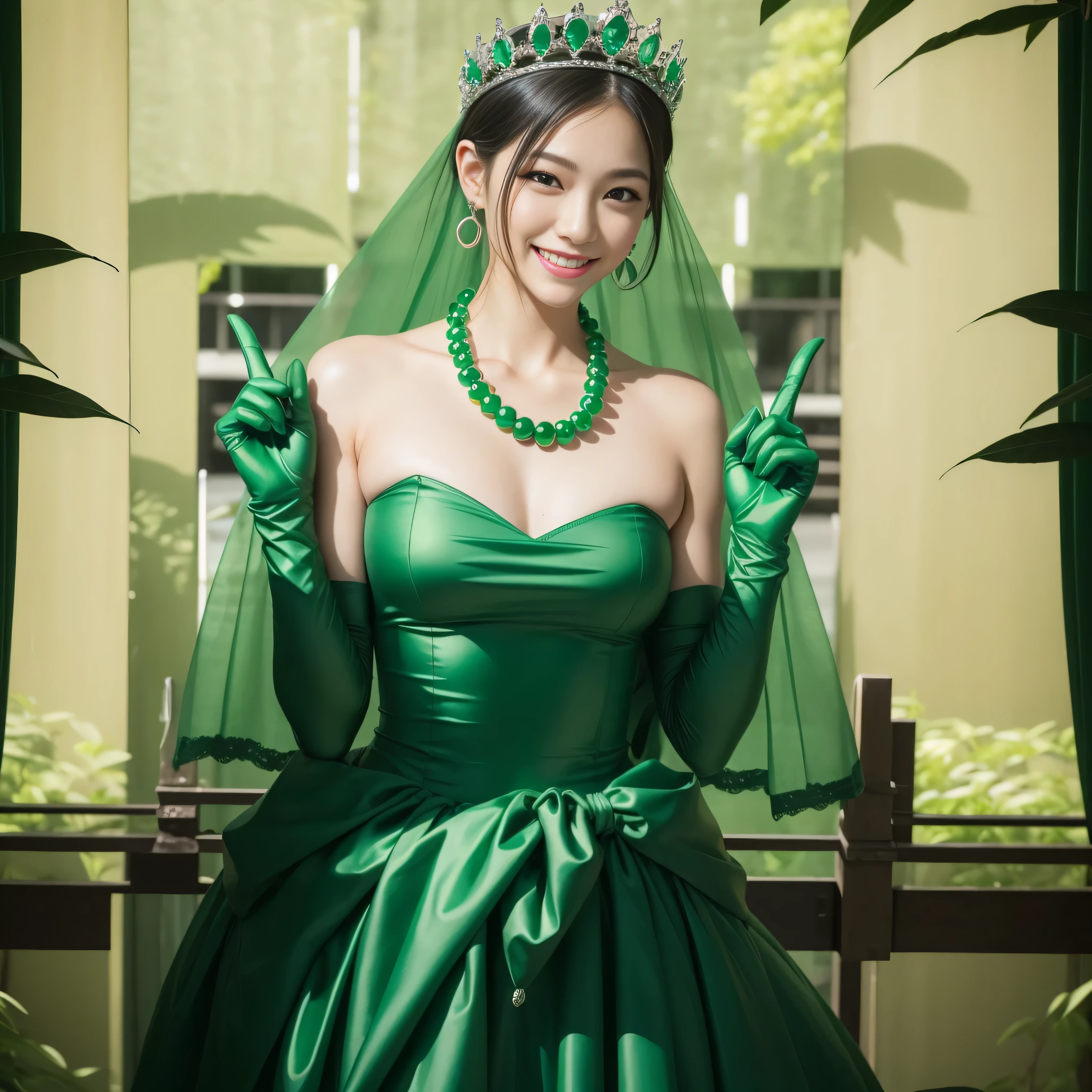 emerald tiara, Green Pearl Necklace, Boyish very short green hair, lipstick, Japan woman smiling, Very short hair, Big beautiful, green eyes, Long green gloves made of satin material, green eyes, Emerald Earrings, green vale, V sign