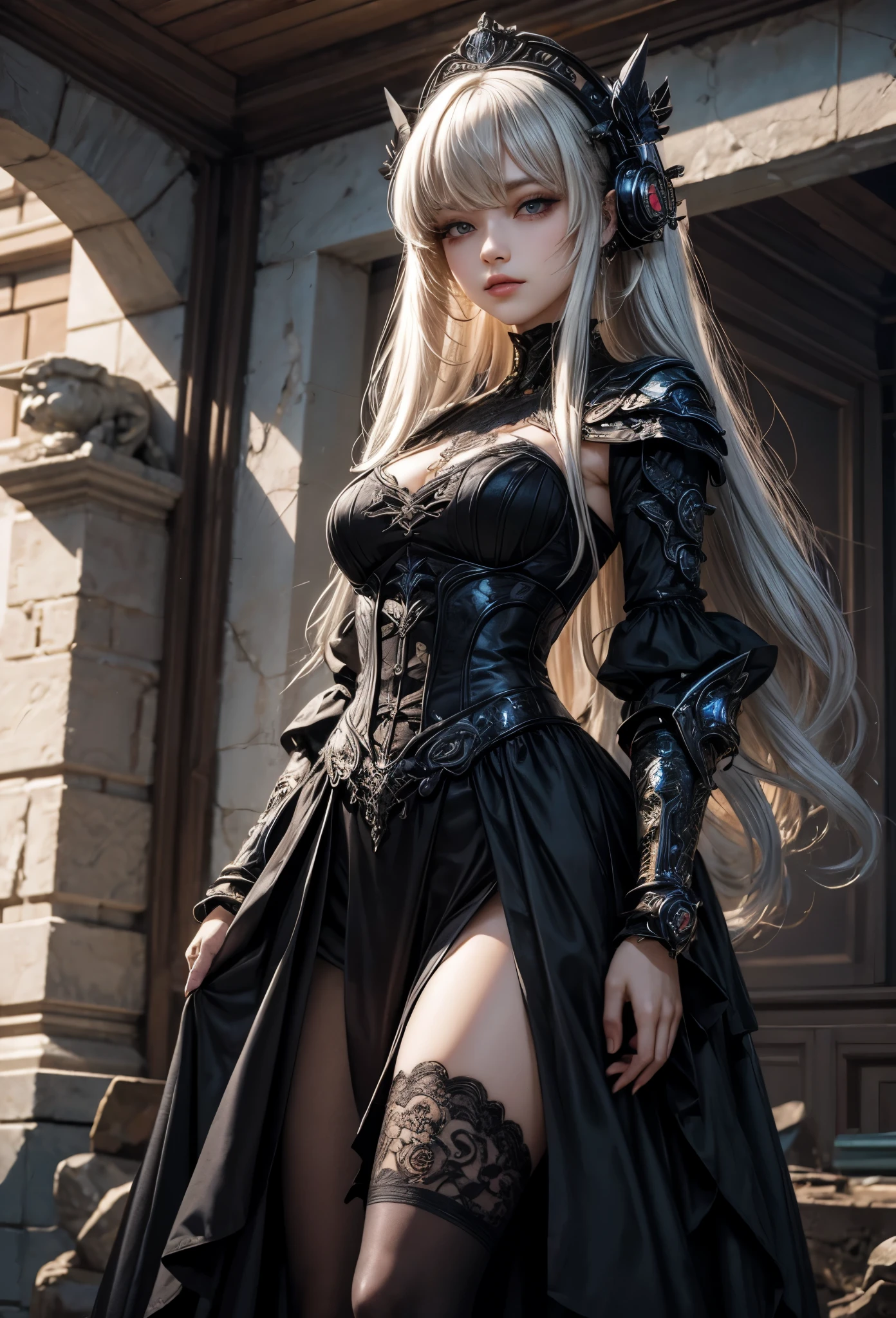 (detailed illustrations,Very detailed and precise drawing,Delicate drawn lines with tempo,Realistic texture expression),[color traced main line],[Ruins of a super-ancient civilization],[ANIME] (MACHINEAlice Beauty ************) straight long hair [AUTOMATON],([Black Rose] black dress) (Cyber Alien Armor [Through the material]) [caltrop] Lock [Titanium alloy] [[Through the material]],Cybernetic Gothic ****ta [lenticular iris],(intricate and beautiful decoration [Dense detail]),(Fine and beautiful skin expression [transparency]),[完璧な目のdetailed (Beautifully detailed iris)[eyes like jewels]],[long and beautiful eyelashes],[precisely drawn hair [美しく艷やかな髪のdetailed]],(完璧な手のdetailed [Beautiful fingers with no damage [beautiful nails]]),(perfect anatomy(perfectly balanced proportions))[[full body portrait]],[[Design built to the highest level]][ideal color coordination(Accurate simulation of light and material interactions)],([Precision Detail](detailed,High definition)),[Visual art that tells a story].