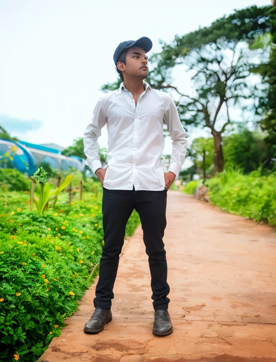 arafed man standing on a path in a field of flowers, stylish pose, full body photogenic shot, cool pose, with a cool pose, in front of a forest background, attractive pose, casual photography, amidst nature, very artistic pose, in a scenic background, white shirt and jeans, jayison devadas style, taken with sony alpha 9, with lovely look
