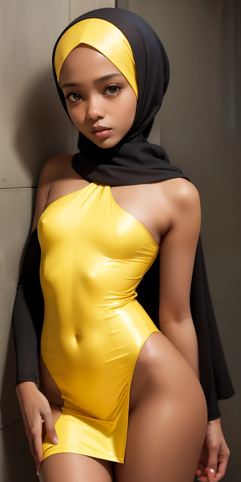(HIJAB), Skinny yellow satin hijab girl naked (SHINY DARK SKIN),