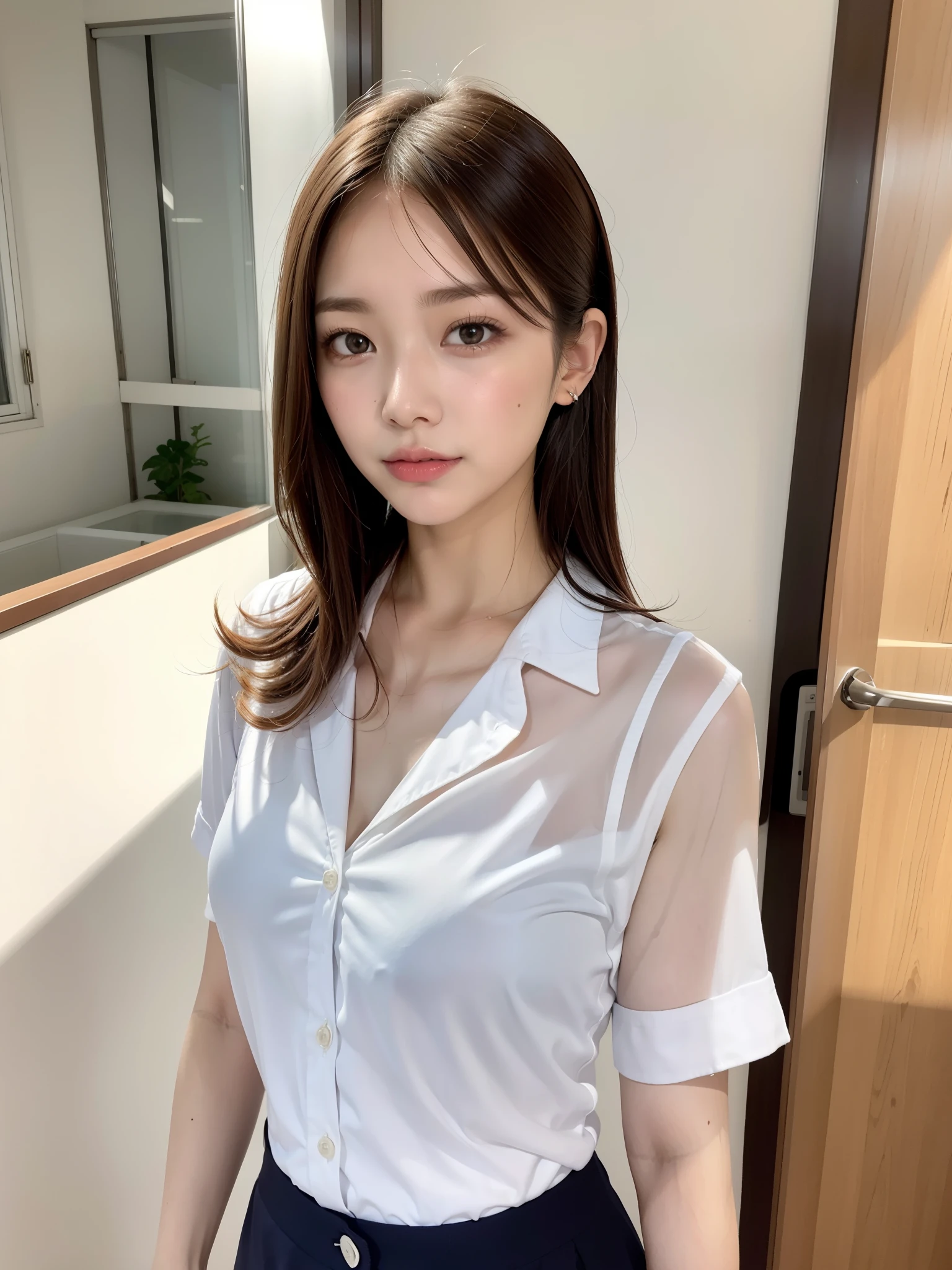 office blouse, panties, ((of the highest quality, 8K, masutepiece: 1.3, Raw photo)), Sharp Focus: 1.2, (1 AESPA Girl :1.1), (Solo: 1.12), (Realistic, Photorealistic: 1.37), (Face Focus: 1.1), Cute face, hyperdetailed face, (Short messy hair, updo :1.1), Small breasts, flat chest, standing, classroom, flower, plum blossoms