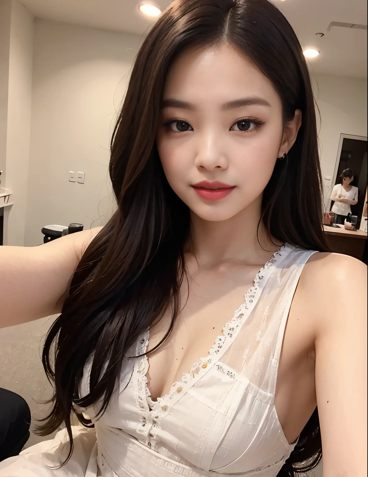 realistic girl with curly res hair, pretty woman, takes a selfie smiling, jennie kim, pretty lips, beautiful body,  white skin, selfie, pretty woman, jennie kim, jennie blackpink, casual dress, looking at the camera, beautiful hair red, thick lips, very long hair, beautiful woman 