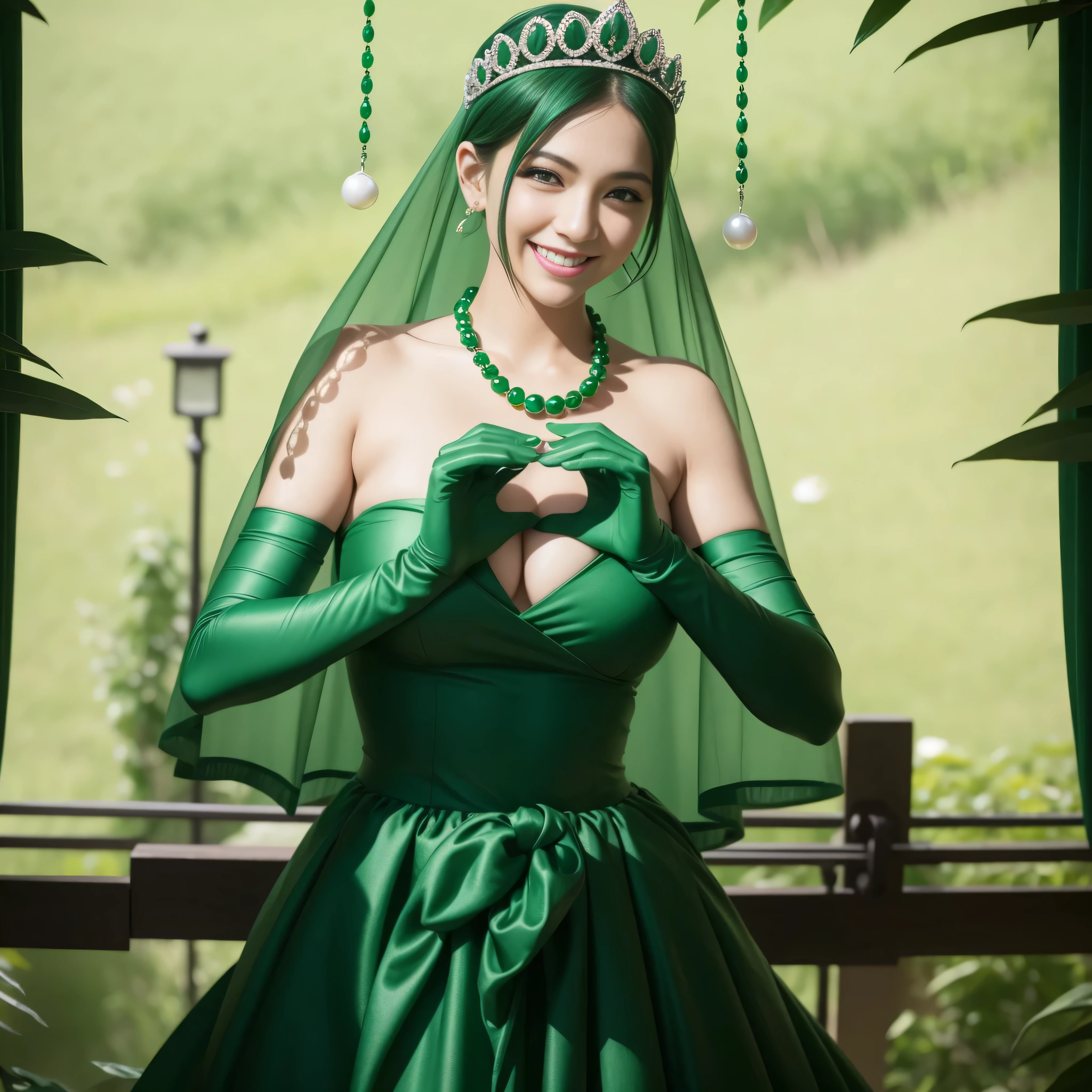emerald tiara, Green Pearl Necklace, Boyish very short green hair, lipstick, Japan woman smiling, very short short hair, Busty beauty, green eyes, Long green gloves made of satin material, green eyes, Emerald Earrings, green vale, Heart with both hands
