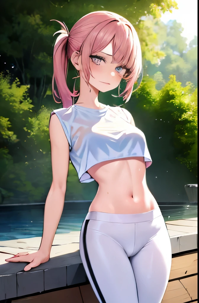 ((master piece)), (best quality), (detailed), (1 girl),water,get wet,Croptoptra 9-piece pack,wet clothes,translucent white top,super short pink yoga pants,No bra,My chest feels tight,pony tail bodysbian, upper limbs,
