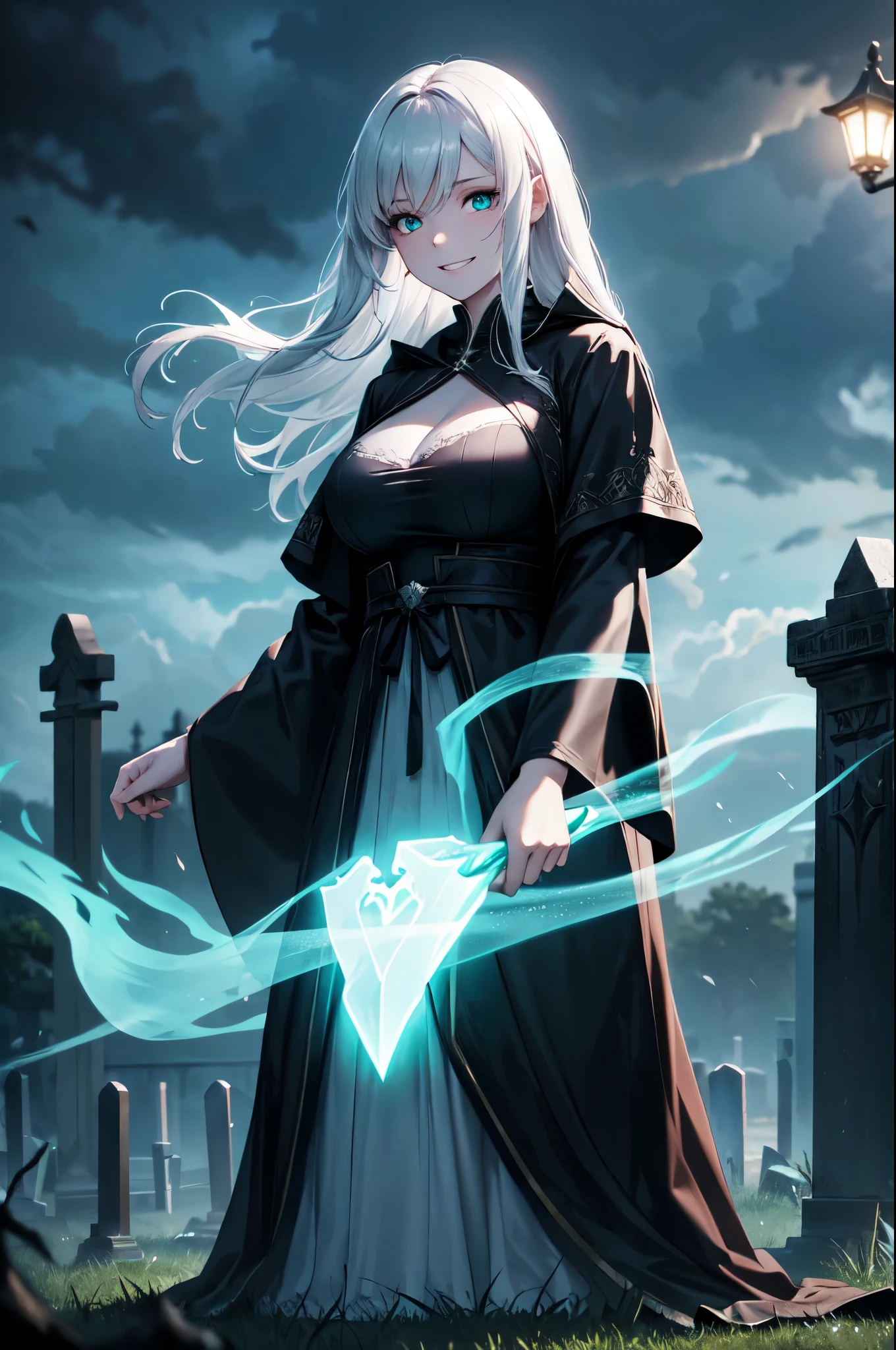 (High quality, High resolution, Fine details), Realistic, dark fantasy, moonlit graveyard, crumbling tombstones, ethereal mist, shadows and darkness, hauntingly beautiful, BREAK translucent ghostly figure, emerald green flames, thunderstorm, stormy sky, BREAK flowing black robes, solo, curvy women, glowing eyes, (Detailed eyes:1.2), grin, pale skin, shallow depth of field