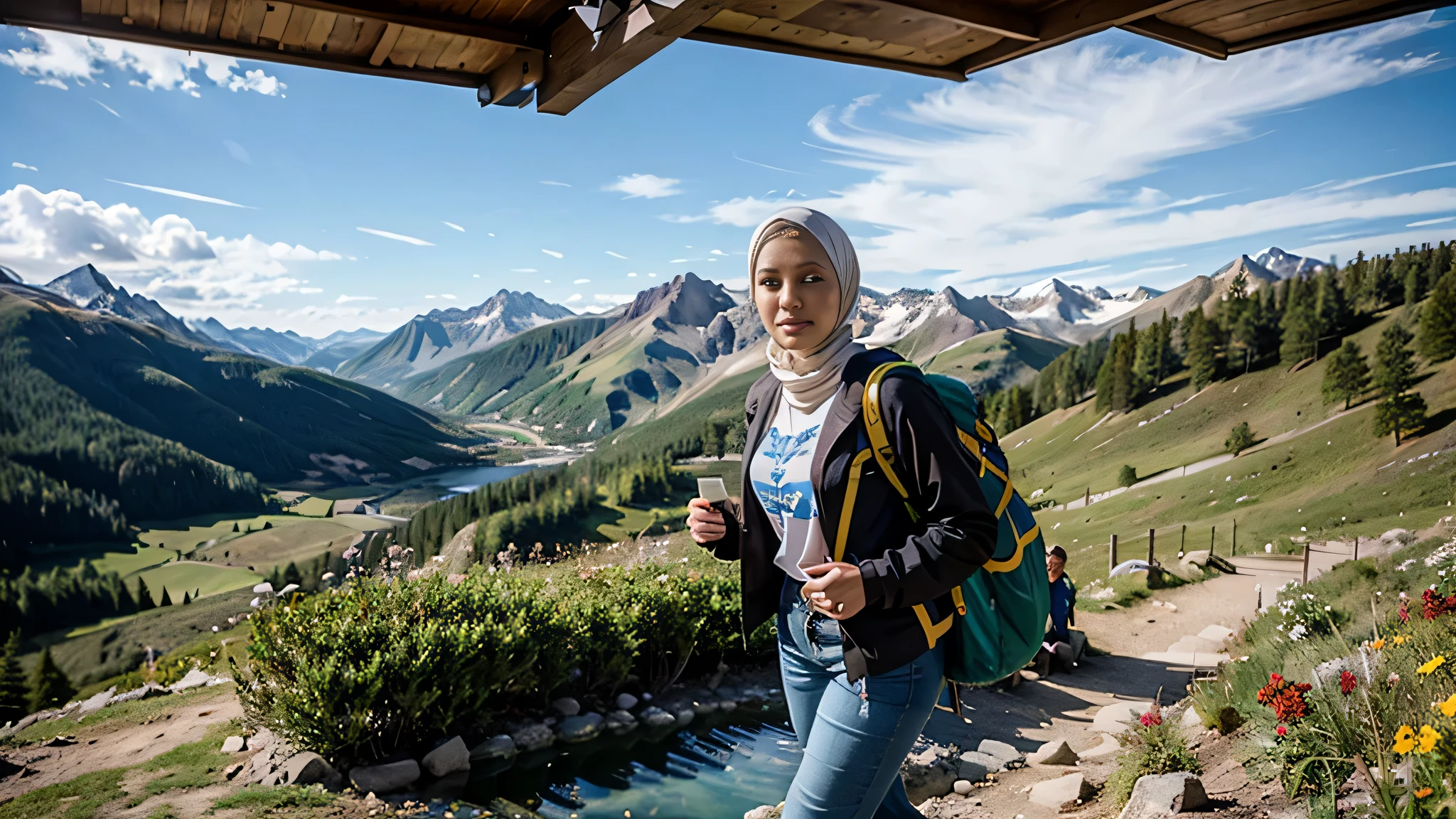 (masterpiece, top quality, 8K wallpaper, high resolution, ultra-realistic), 1 Malay girl, solo, full body, slim-thick figure: 1.1, beauty, beautiful face, beautiful eyes, detailed face, detailed eyes, detailed nose, detailed mouth, black eyes, carrying a big backpack, mountain girl style, backpacker, mountaineer, mountain view from the top of the mountain, walking on the mountain trail, wearing modern hijab, wearing jacket over jacket, t-shirt, loose long pants, climbing, trekking boots, natural landscape photo; mountain climbing; spectacular summer mountain scenery with rugged mountain range in the distance, wonderful contrast of blue sky and white clouds. Camera = "Sony a7 IV; Lens = Tamron 28-200mm f/2.8-5.6 Di III RXD";" Aperture = f/6.3";" Shutter speed = 1/1600 sec";" ISO=100";