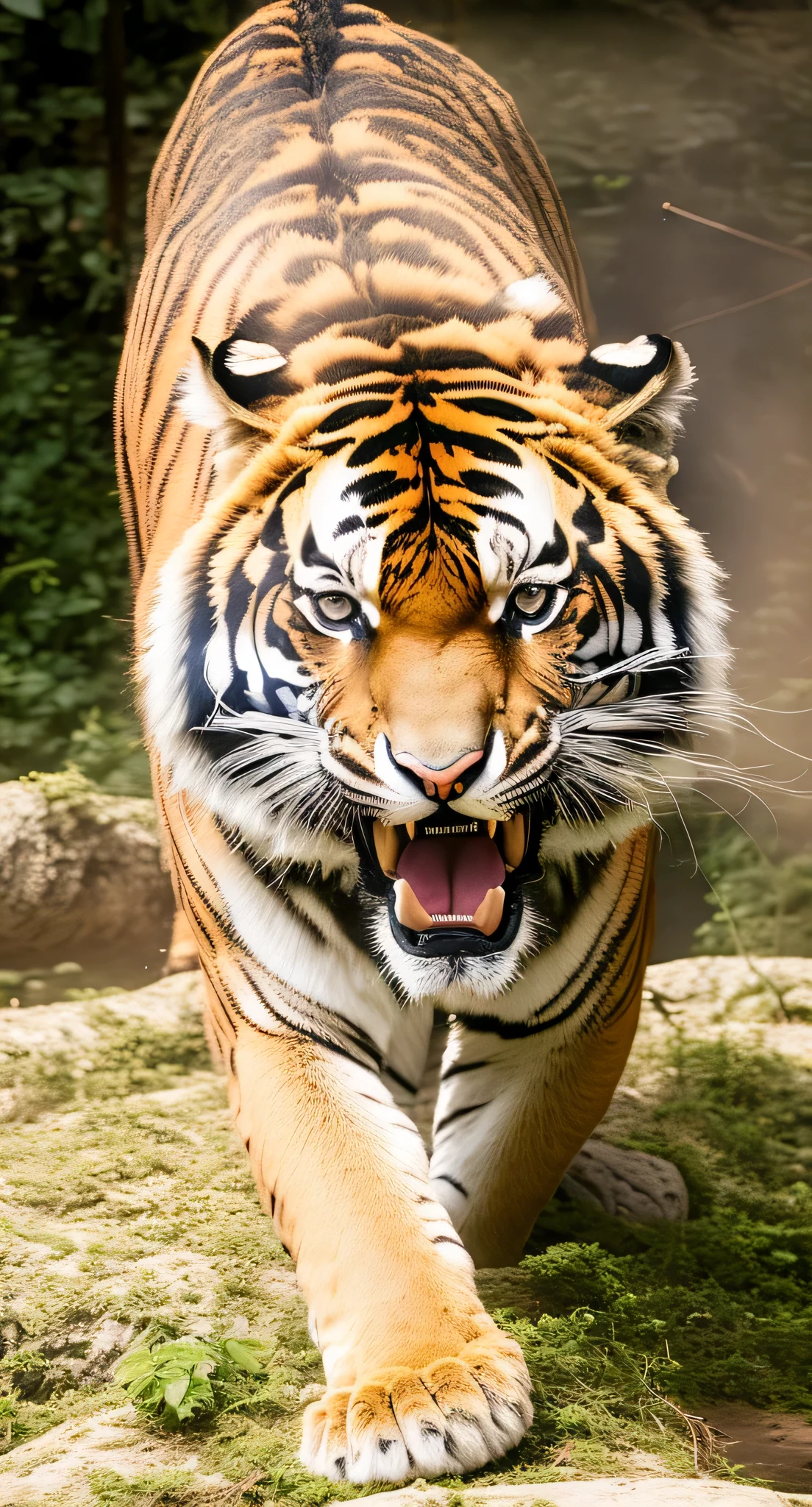 There a tiger walking on the grass in the wild,tiger,tiger,(tiger),ferocious look,tiger beast,aggressive look,tiger's face,ferocious expression,strong and ferocious,tiger stripes,hunting a tiger,tiger,ferocious look,intimidate!!Sumatra,ferocious,Anthropomorphic tiger
