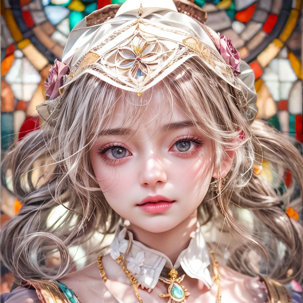 Tiny junior idol in Delicate lace knitted white clothes, Glossy Red lips and , (:0.9), (:-0.9), (Dynamic closeup, (Dazzling stained glass Background)), (((Renbutsu Misako), colorful Light shines through stunning elaborate stained glass:1.2)), vivid Red colors, lense Particle, lens flare, light Particle, Dazzling Halo. ((Acutance:0.8)), (masterpiece:1.2),(ultra-detailed:1.37),(realistic,photorealistic, ((photo-realistic:1.37))with touch of rawness). (Extremely detailed KAWAII face variations, expression variations),  detailed eyes with sparkling highlights, captivating gaze, long eyelashes, subtle blush on the face, rosy cheeks, impeccable skin texture . { full of flowers covering girl's body | Mystic sight | haze }, ((Dynamic-angle, physically-based rendering)) . (((large eyes:-0.9, not Detailed fingers:-0.9))) .