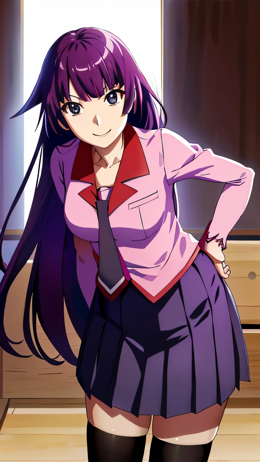 masterpiece, highest quality, High resolution, SH1, Hitagi Senjogahara, long hair, long sleeve, tie, school uniform, pleated skirt, juliet sleeves, black stockings, pink shirt,  cowboy shot, indoors, (view viewer:1.3), Smile, (Fold your hands behind your back:1.3), (leaning forward:1.3)