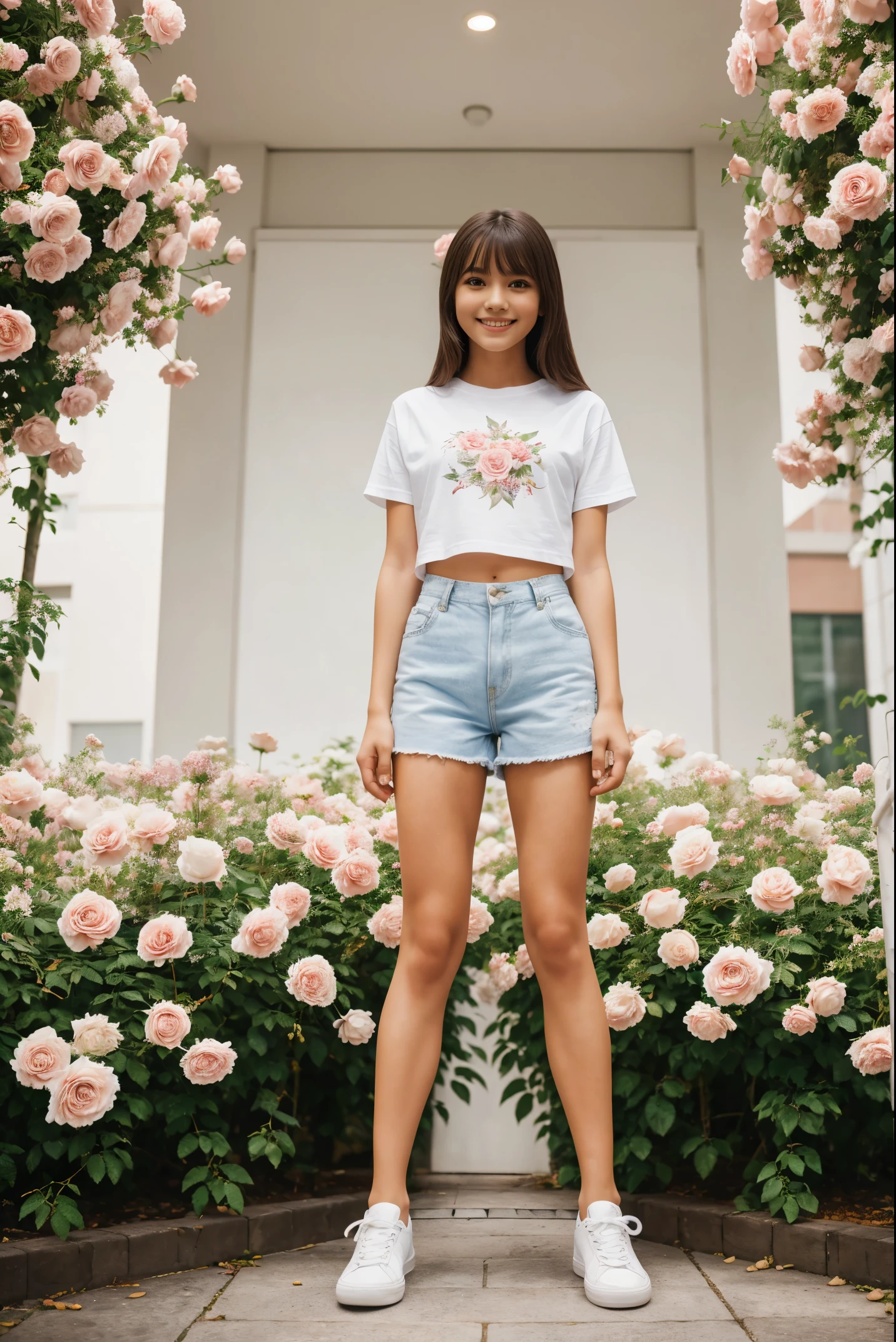 masterpiece, a young beautiful girl, smile, looking at camera, Stand in front of a mass of roses, Wearing shorts and T-shirt, white sneakers. Wearing tops and shorts, flowers, full body photo, casual pose, thin legs
