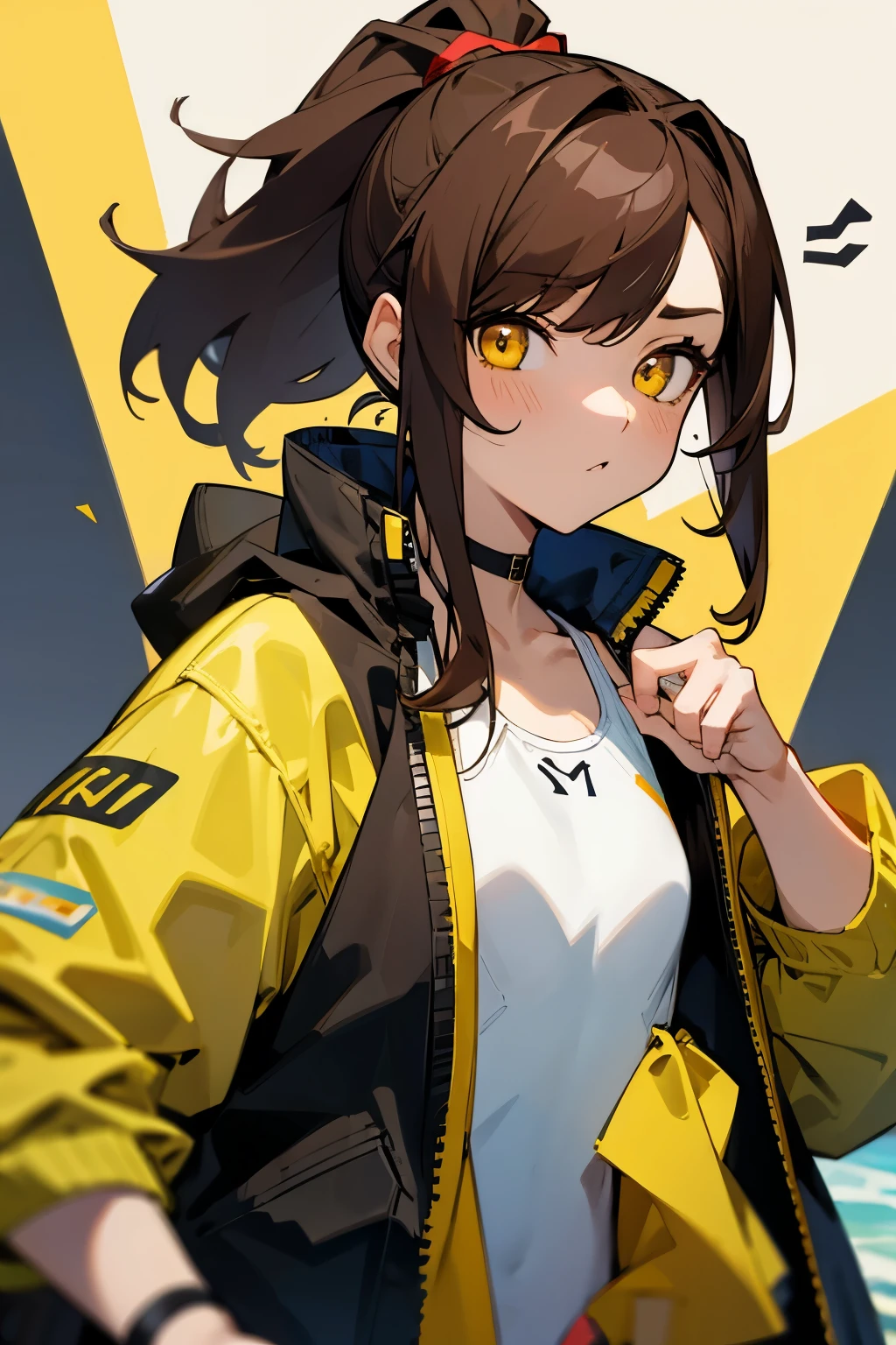 girl, masterpiece, Brown hair, modest chest, Idol, ponytail, yellow eyes, Drooping eyes, swimsuit, Jacket, wearing.